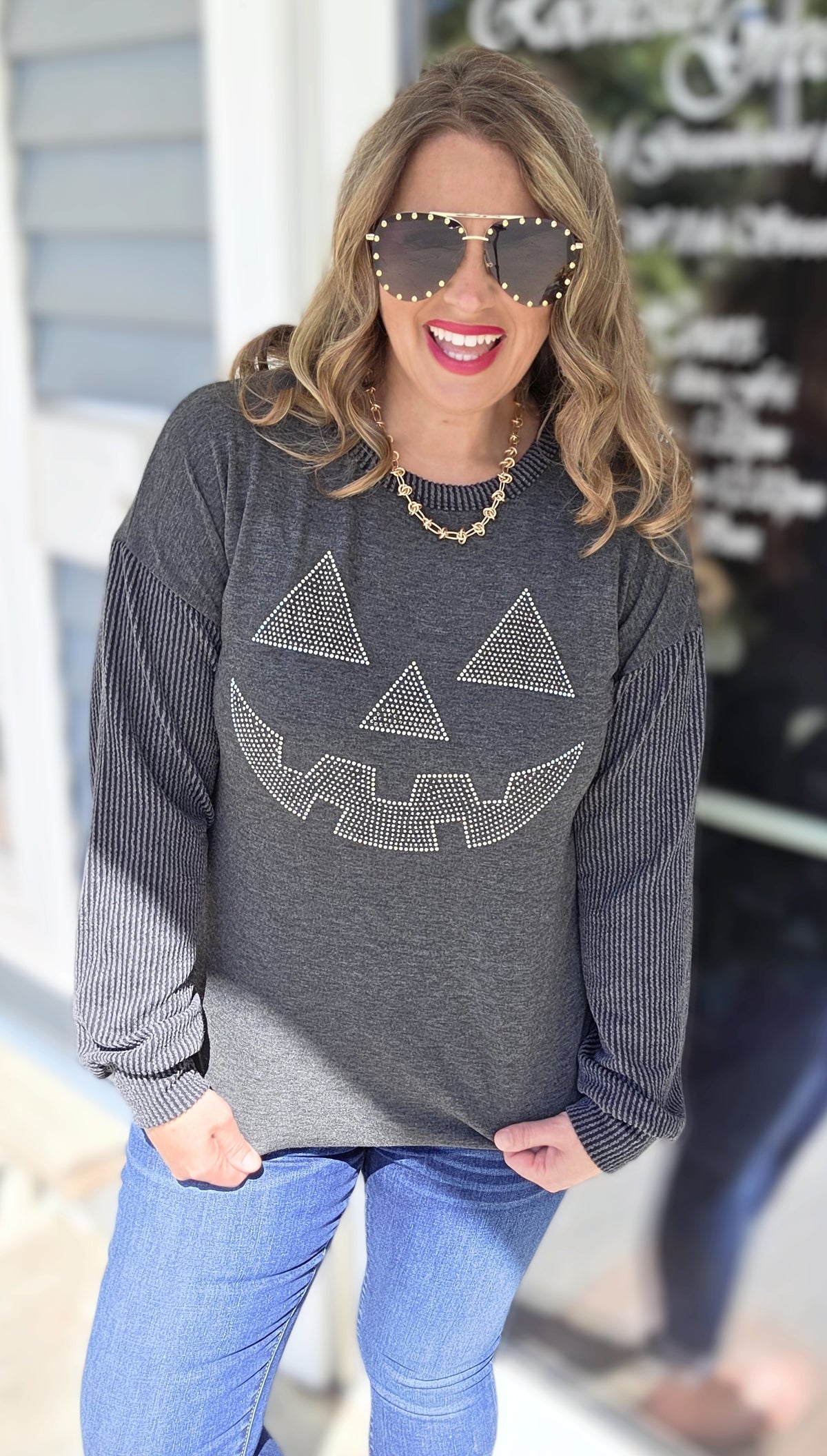 CHARCOAL CONTRAST KNIT TOP WITH RHINESTONE JACK O LANTERN FACE