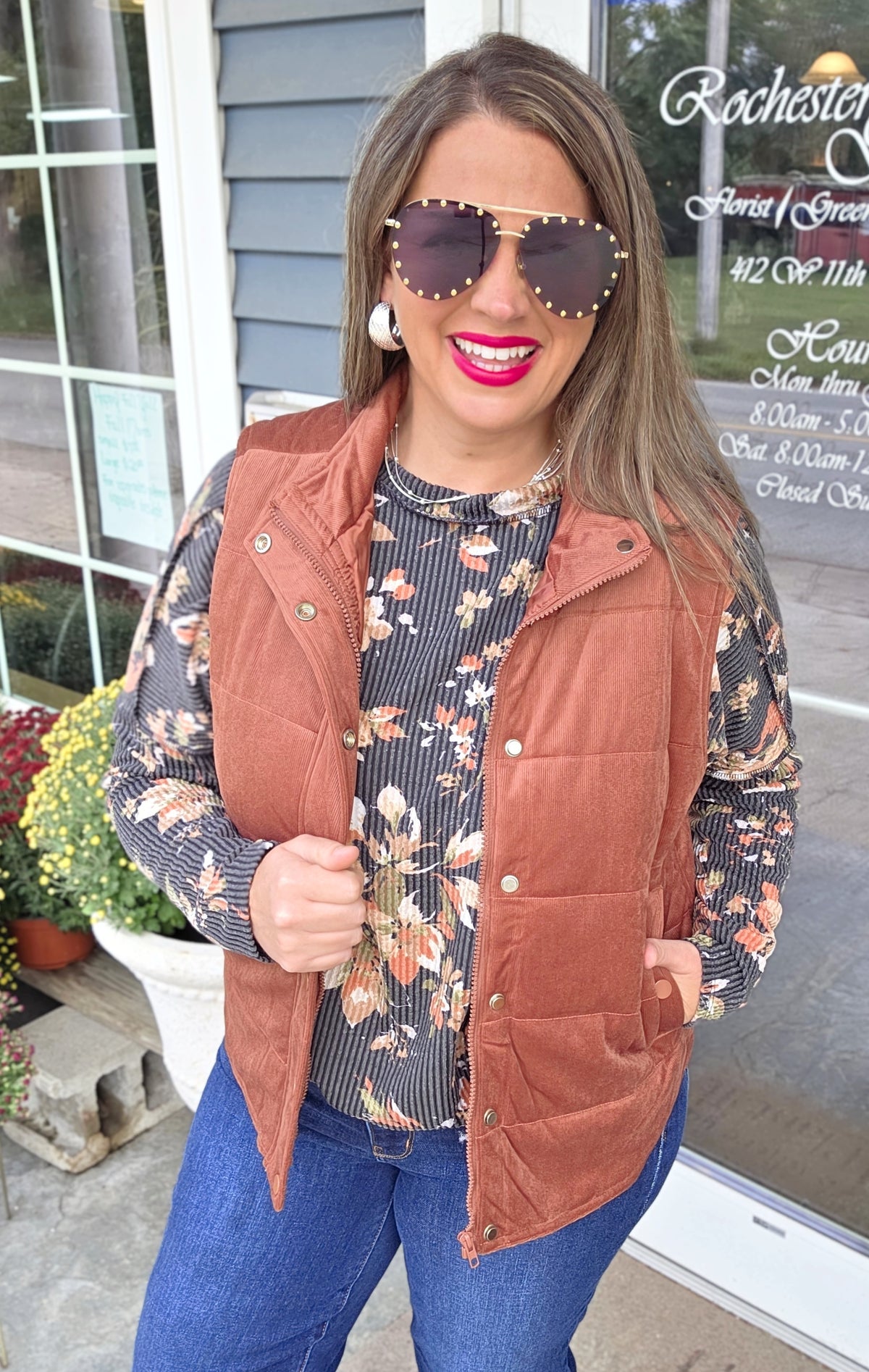 BLACK/RUST FLORAL OVERSIZED RAISED RIBBED KNIT TOP