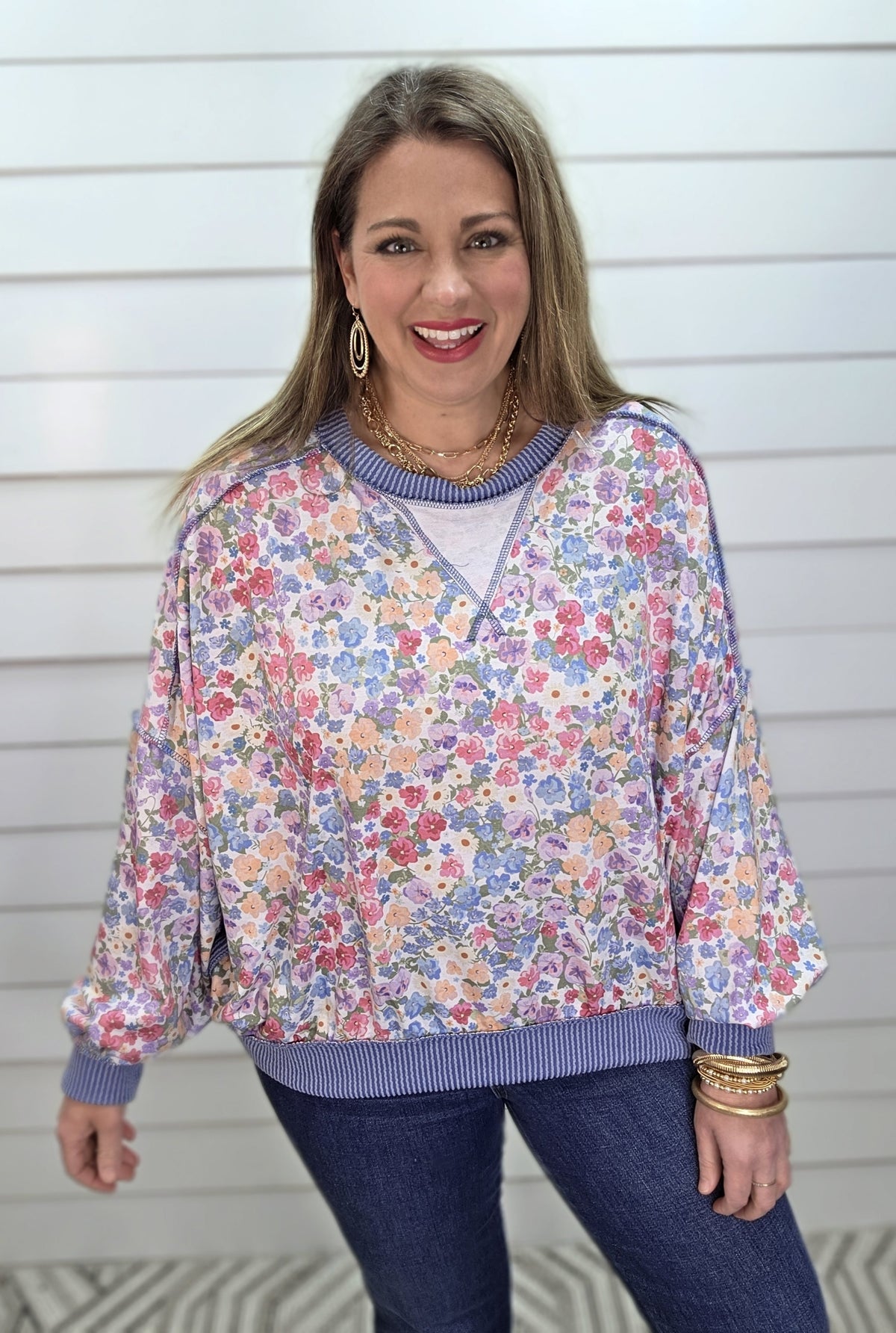 DENIM/ BLUE/IVORY FLORAL/RAISED RIBBED OVERSIZED KNIT TOP