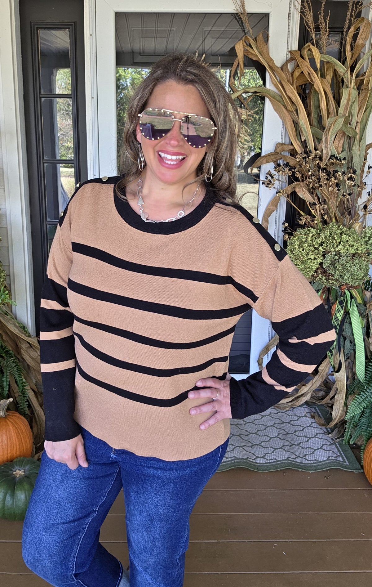 KAREN HART TAN/BLACK STRIPED SWEATER WITH BUTTON ACCENTS