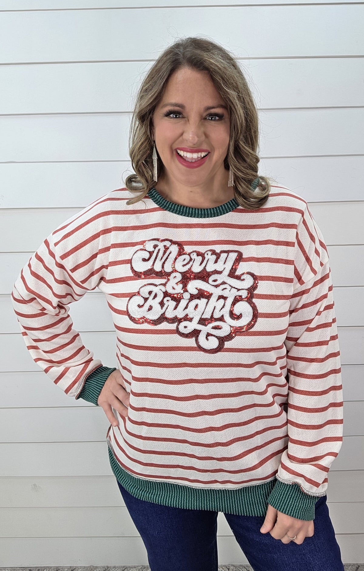 RED/WHITE STRIPED FRENCH TERRY "MERRY AND BRIGHT" TOP