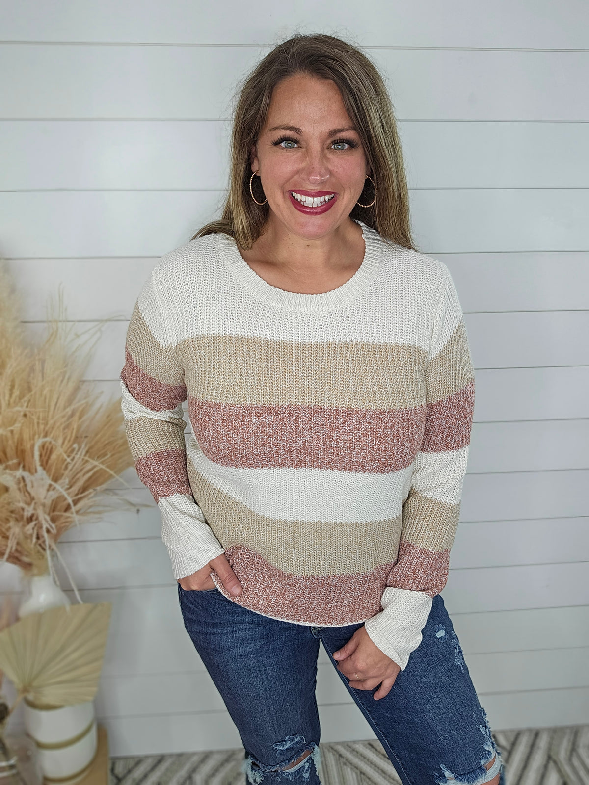 IVORY/TAUPE STRIPED LIGHT WEIGHT SWEATER