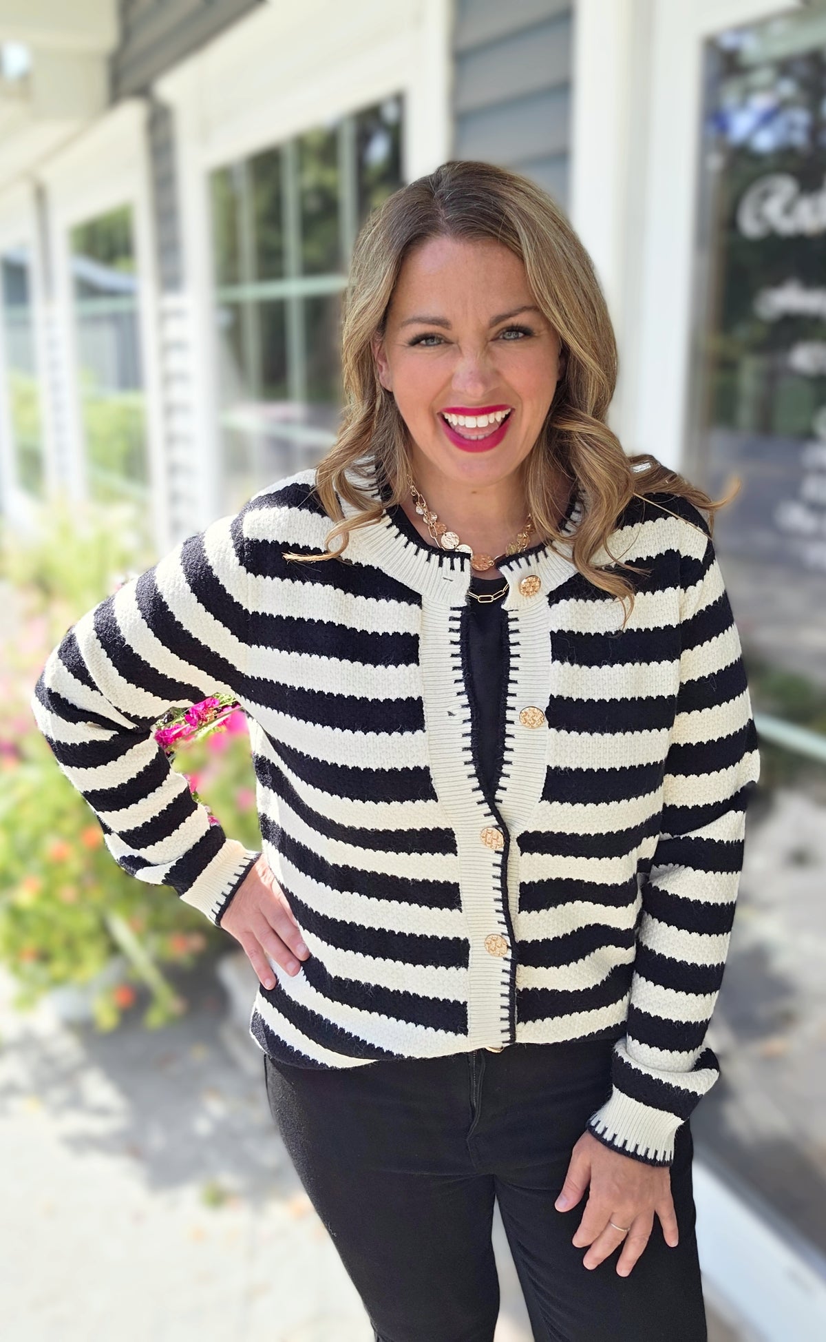 BLACK CHIC STRIPED GOLD BUTTON CARDIGAN