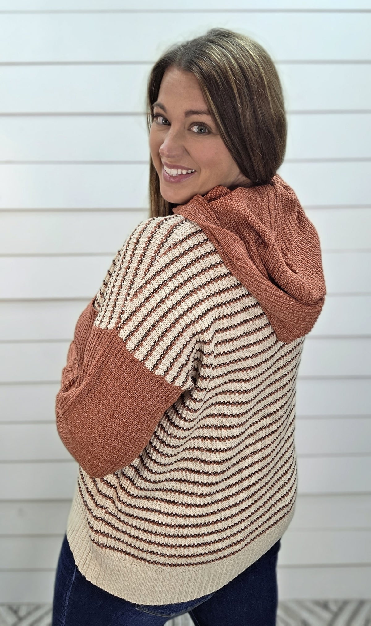 RUST Striped, Hoodie, Half Button, Chest Pocket, Pullover