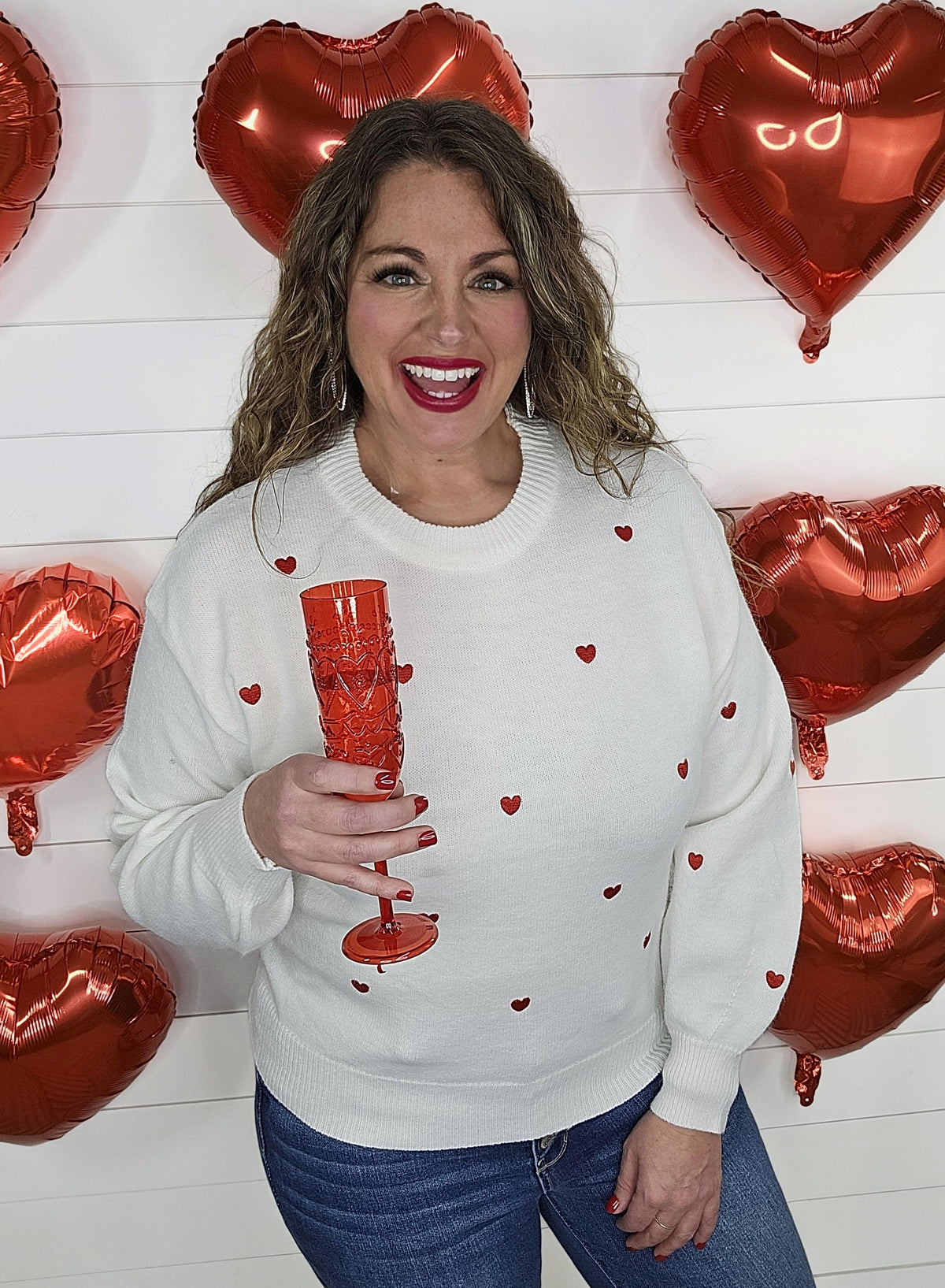 WHITE/RED EMBROIDERED HEART SWEATER