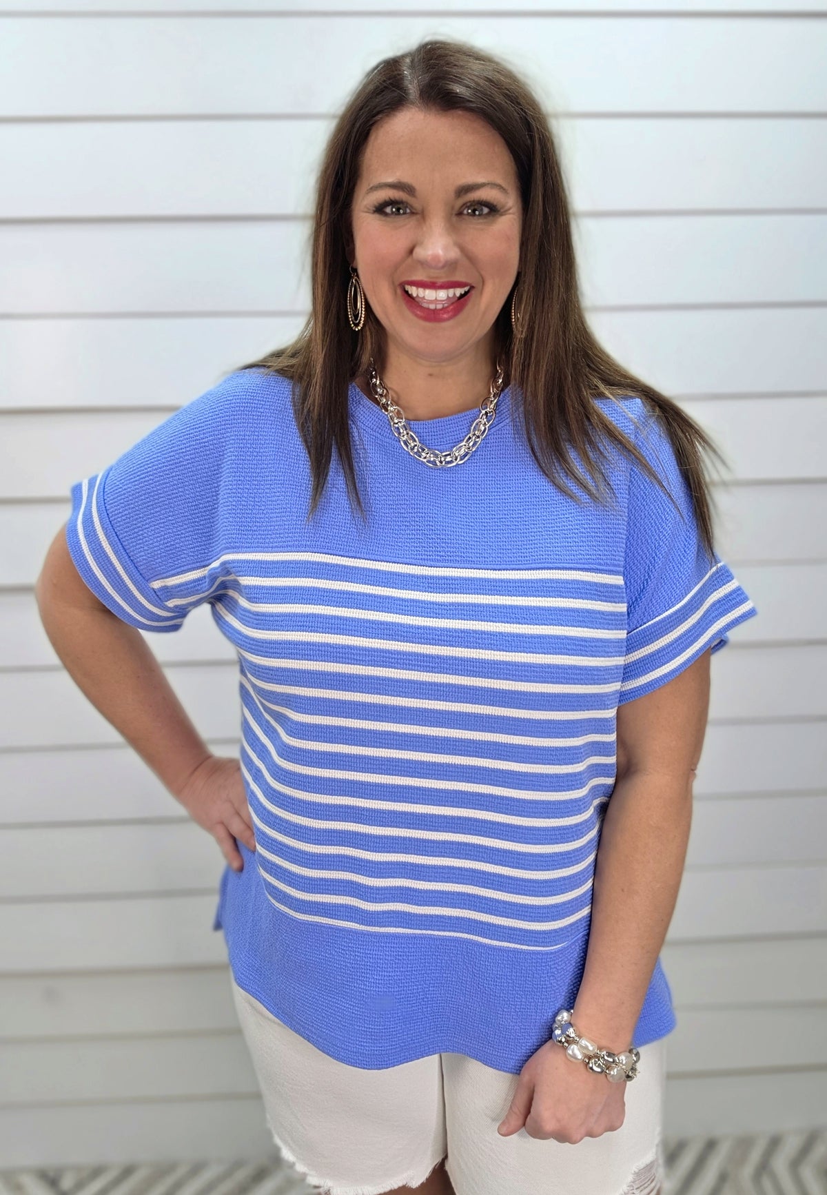 BLUE/WHITE STRIPED CLOUD FABRIC KNIT TOP