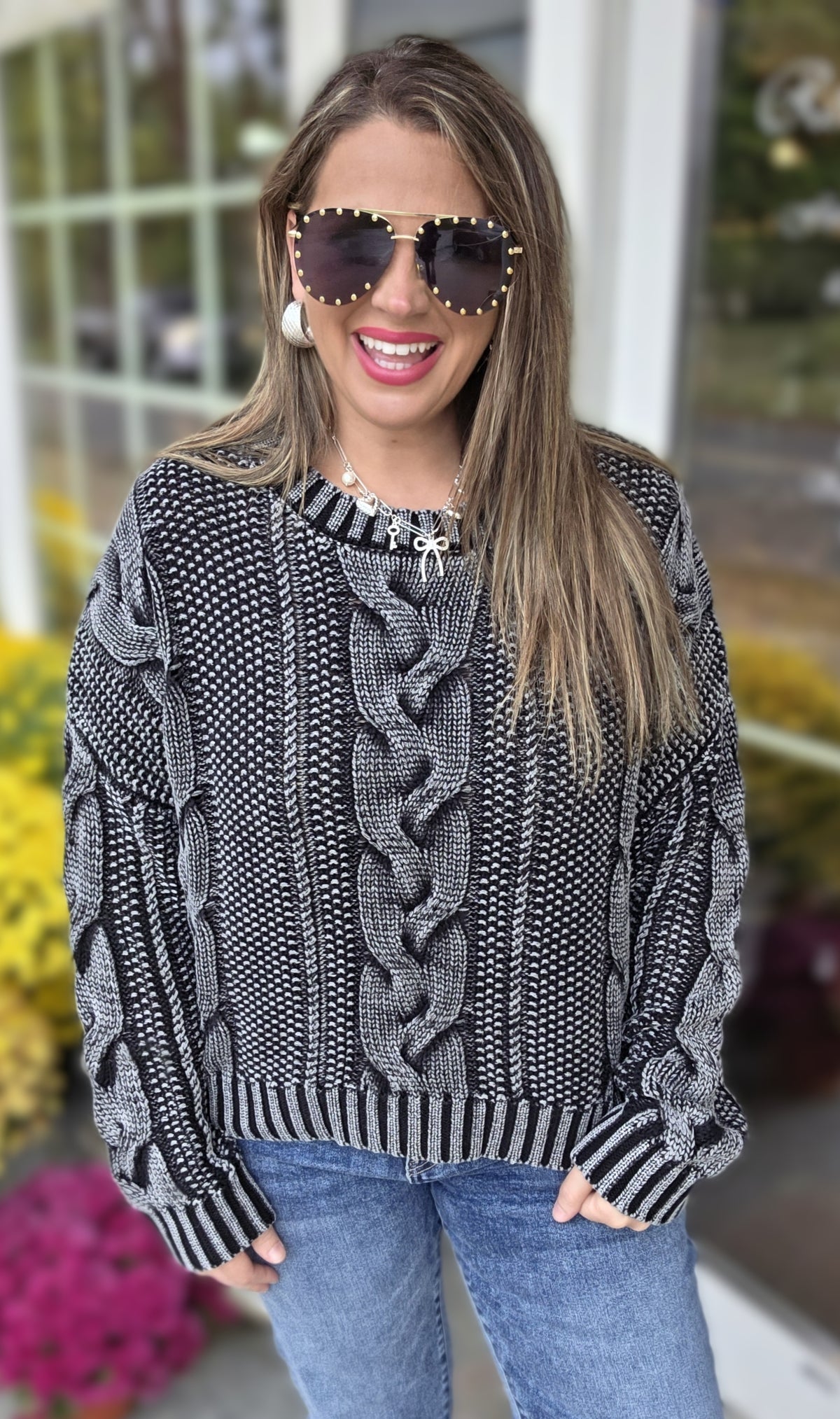 CHARCOAL MINERAL WASH CABLE KNIT SWEATER