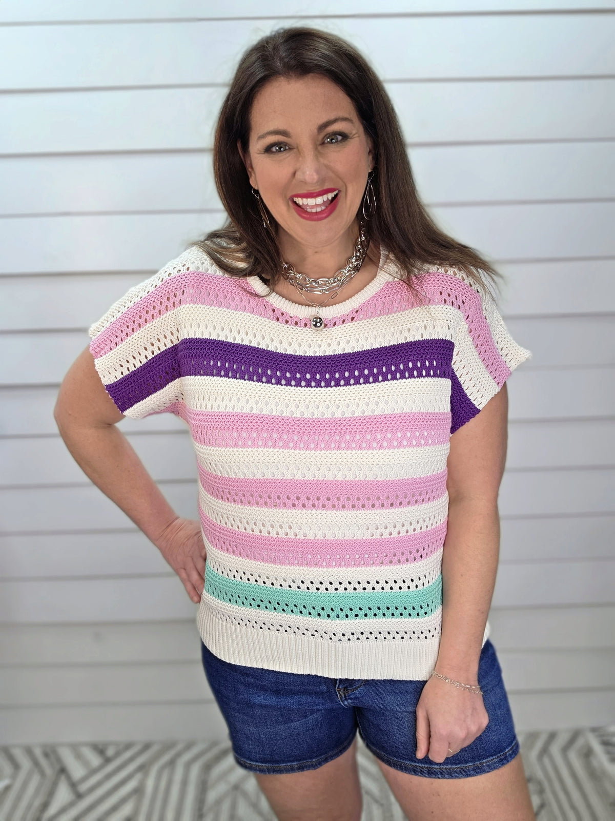 PINK/PURPLE/MINT OPEN WEAVE SHORT SLEEVE KNIT