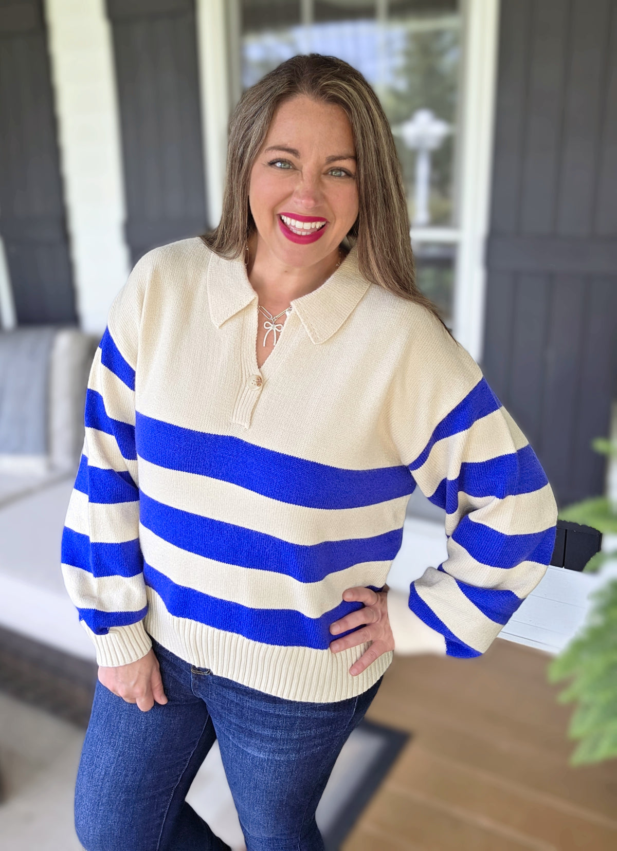 COLBALT STRIPED V NECK BUTTON TRIM SWEATER