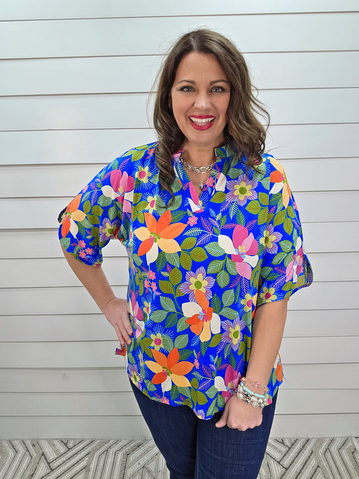 DEAR SCARLETT BREEZE SPLIT SLEEVE TOP - ROYAL BLUE MULTI COLOR PRINTED