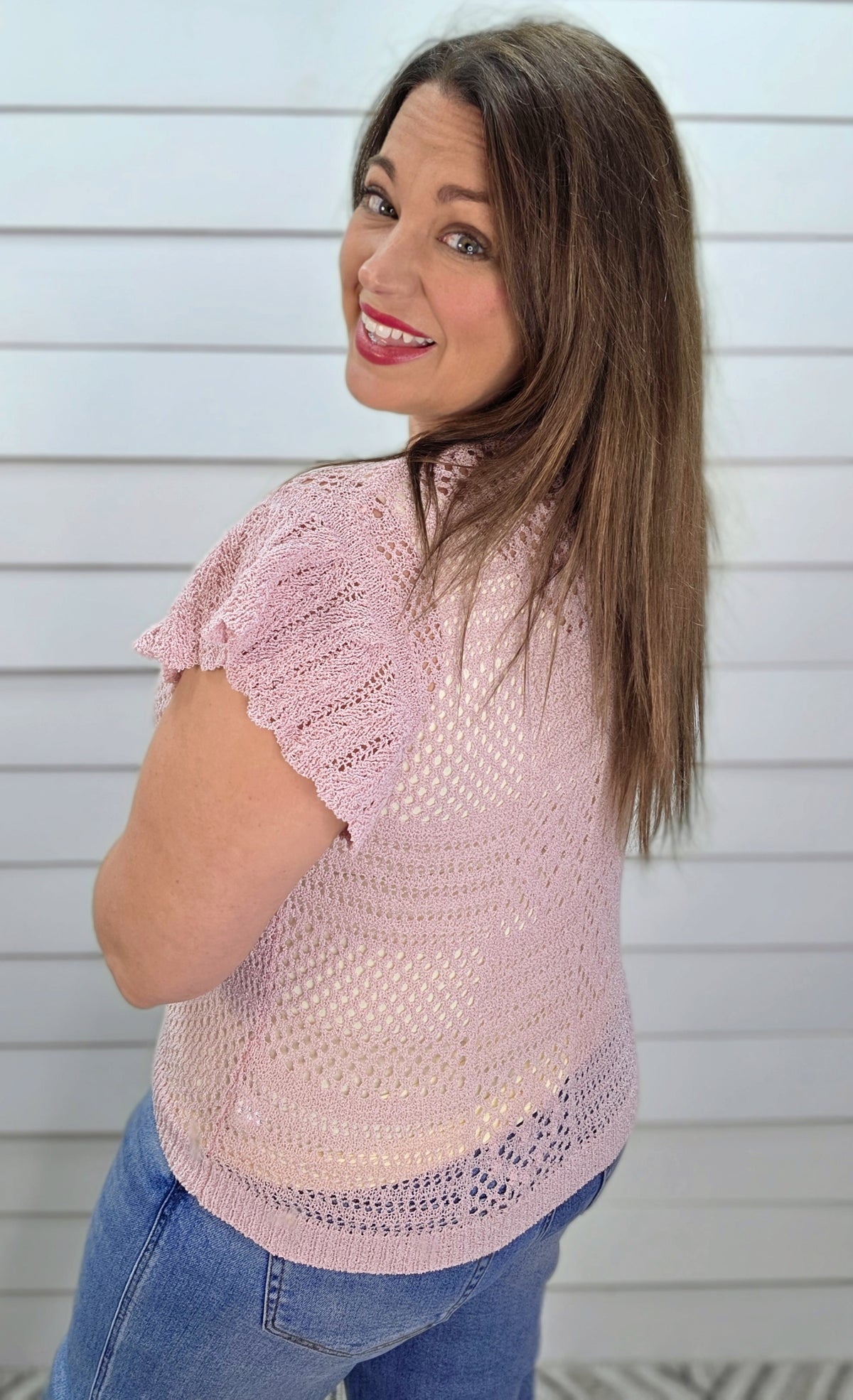 MAUVE CROCHET OPEN KNIT BUTTON DOWN SWEATER TOP