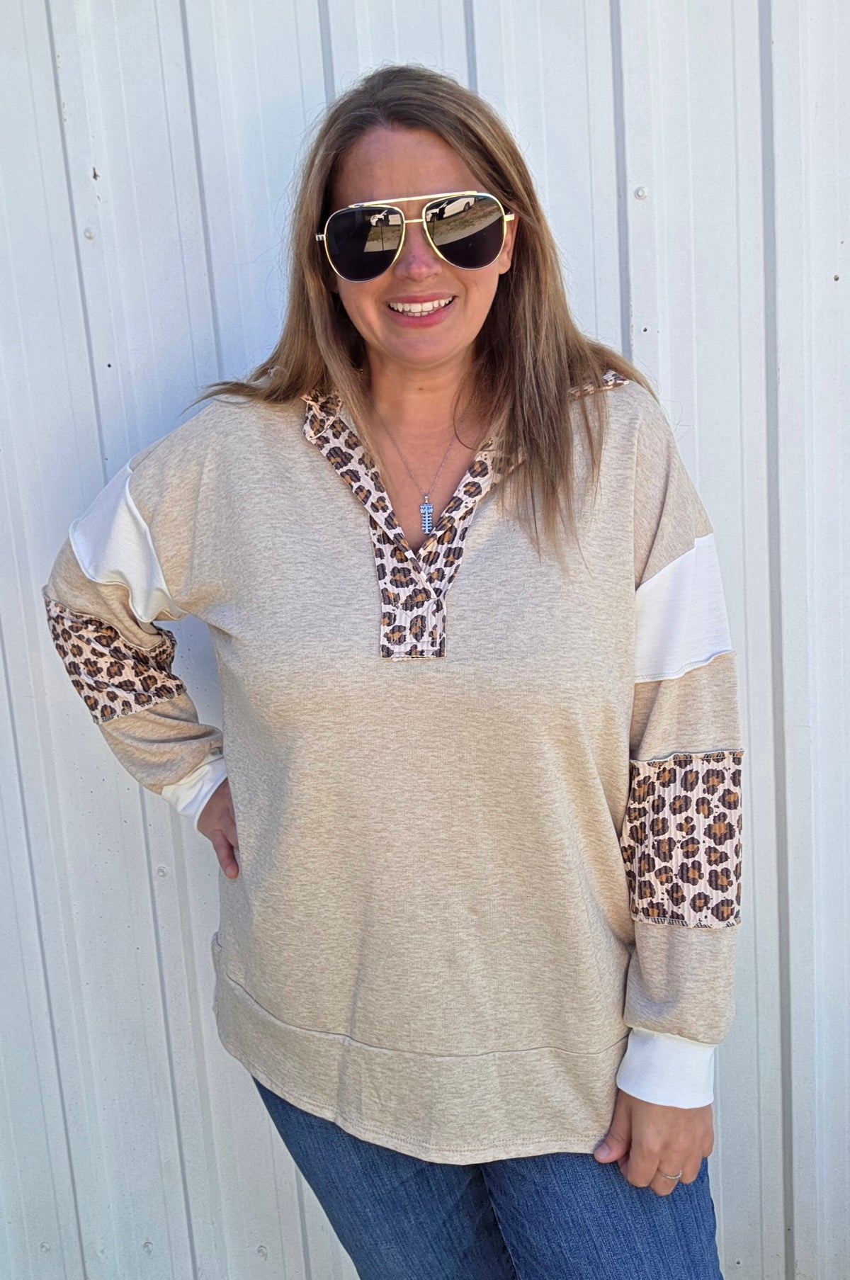 TAUPE OATMEAL/Animal Print Long Sleeves FRENCH TERRY TOP