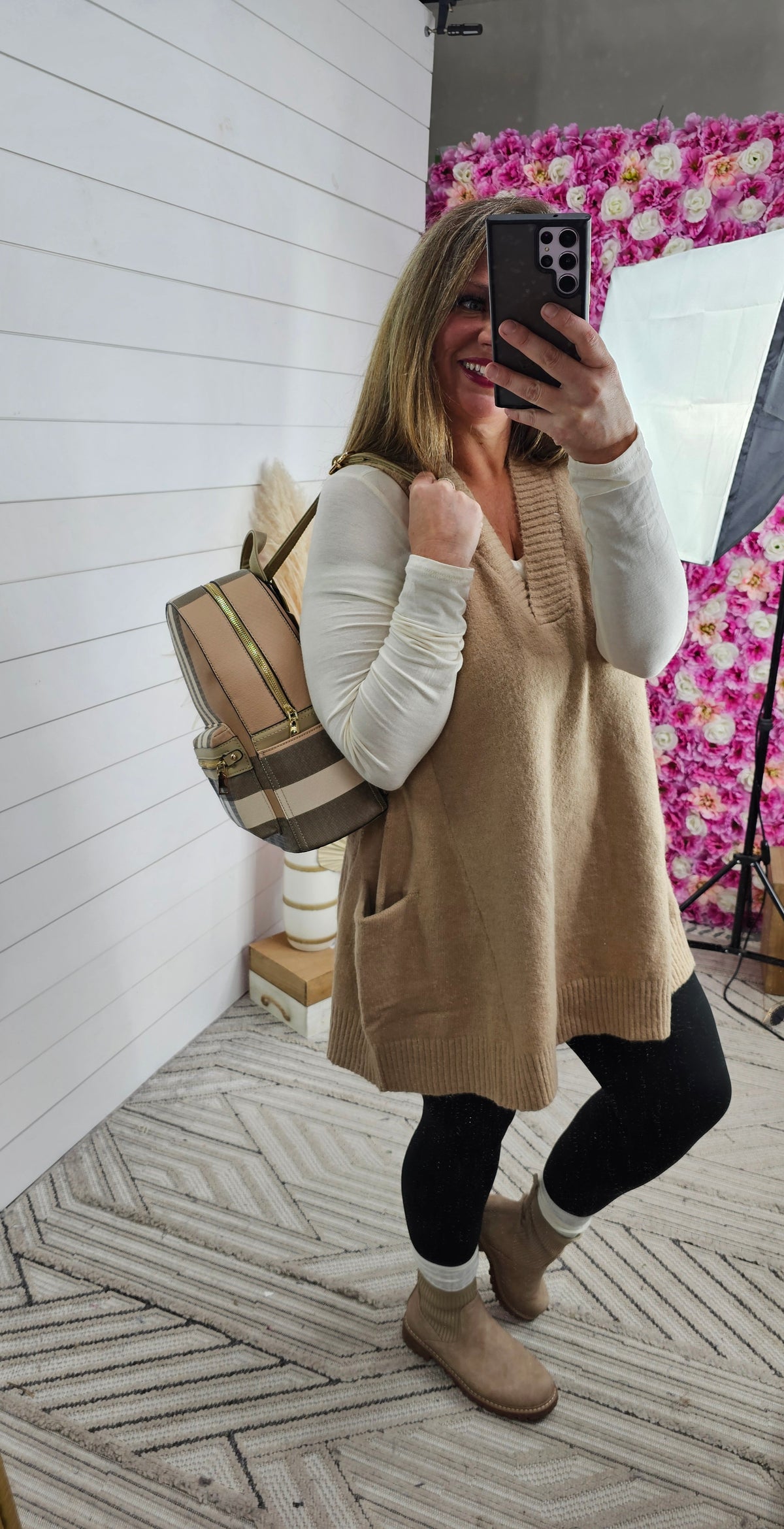 TAUPE OVERSIZED SWEATER VEST TUNIC W/ POCKETS