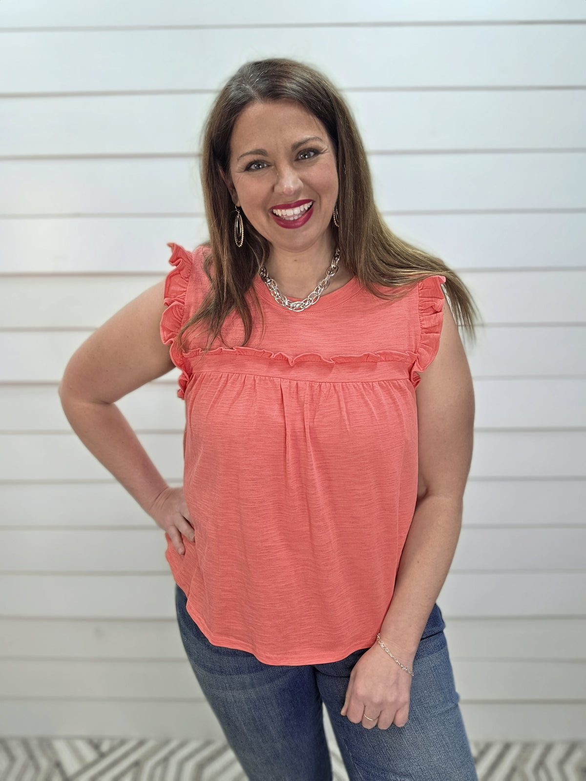 CORAL KNIT RUFFLE DETAIL SLEEVELESS TOP