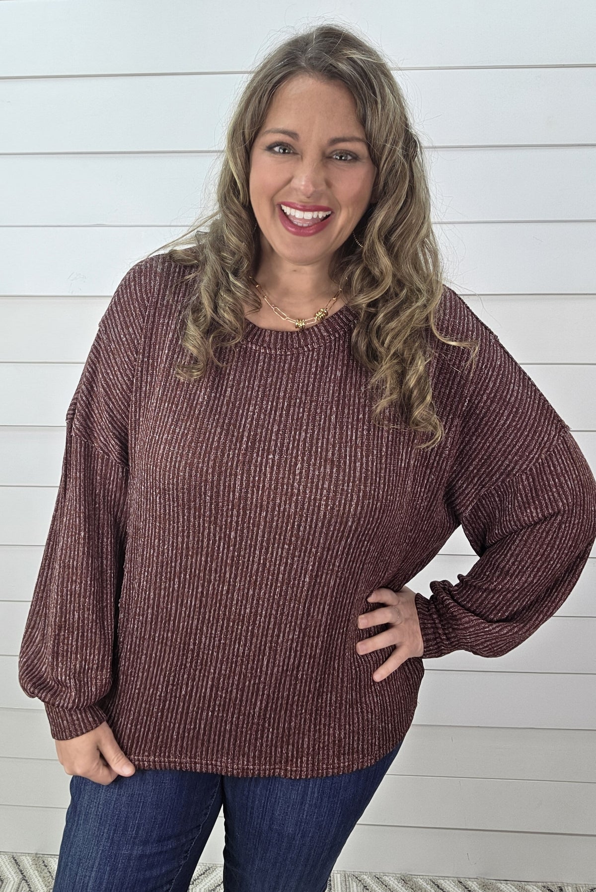 WINE MARBLED LONG SLEEVE KNIT TOP