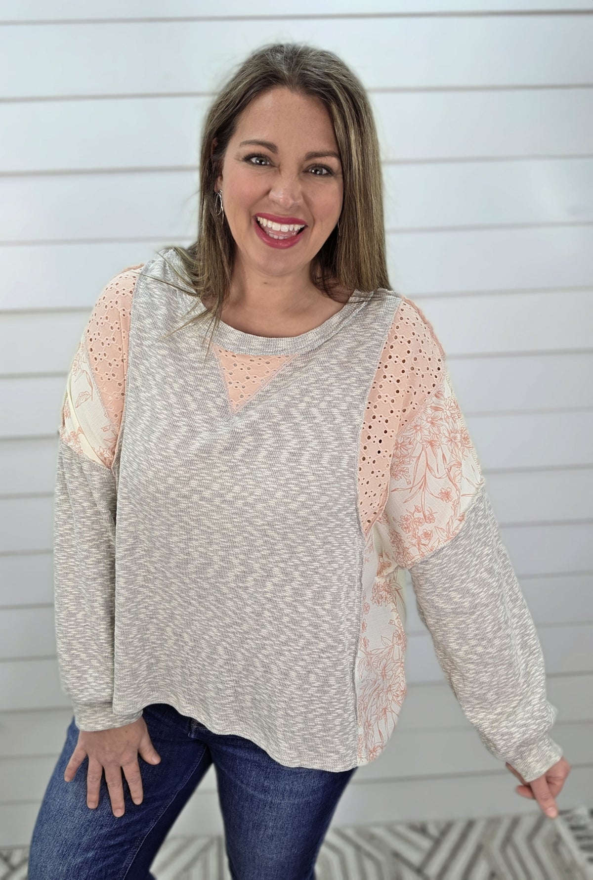 HEATHER GREY/PINK FLORAL/EYELET LACE CONTRAST OVERSIZED TOP