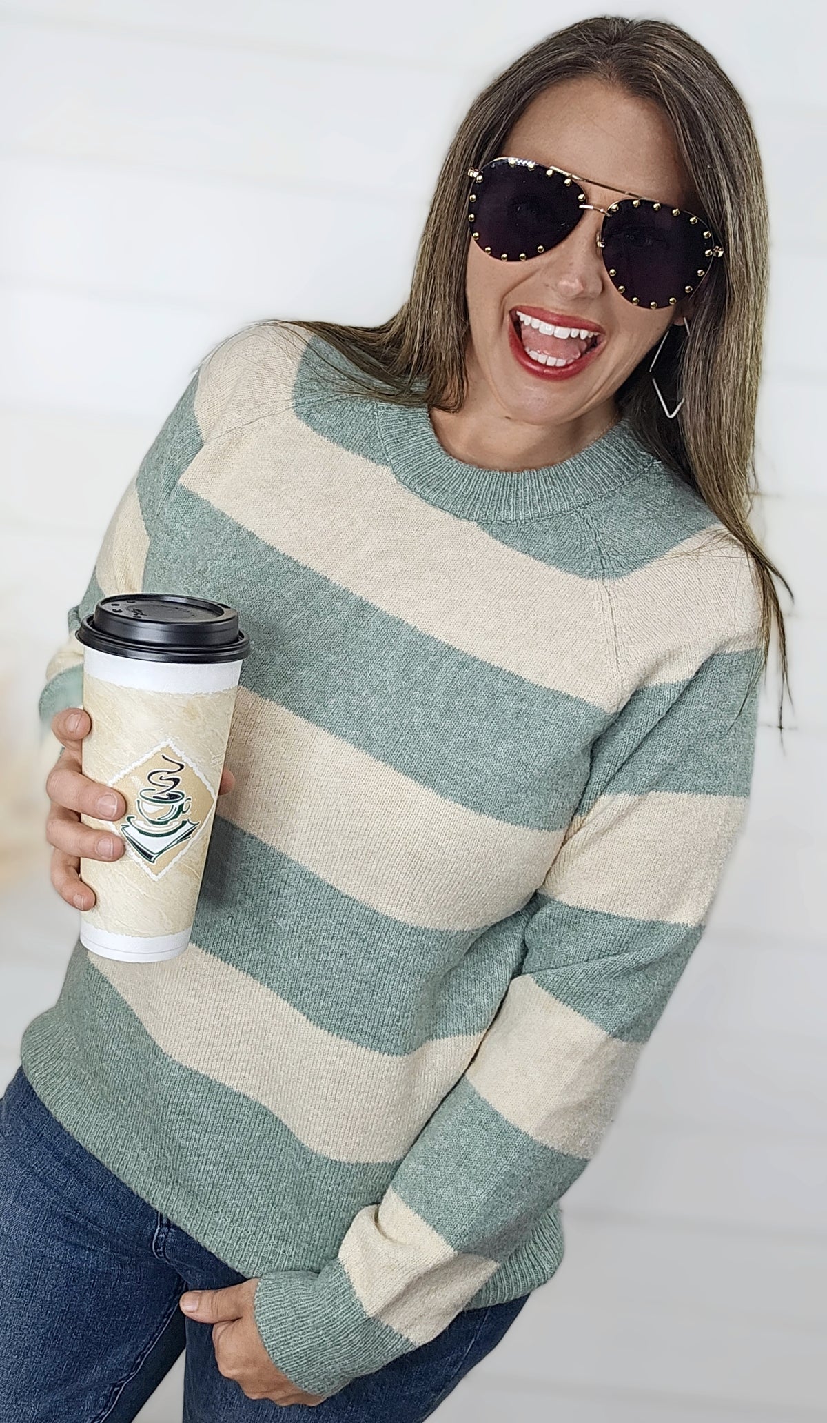 DARK MINT STRIPED PULLOVER SOFT SWEATER