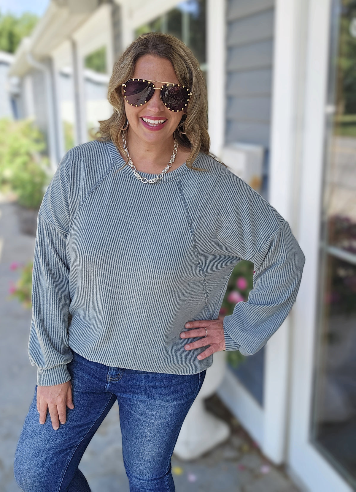 OLIVE BRUSHED RIBBED KNIT LONG SLEEVE TOP