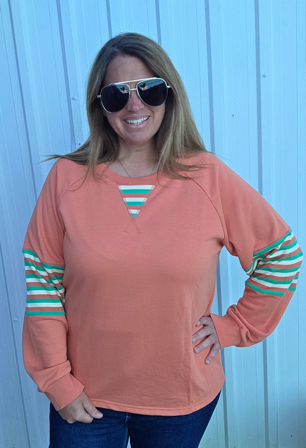 Lt Rust Crew Neck, Raglan Sleeve, Terry Mixed Stripe Top