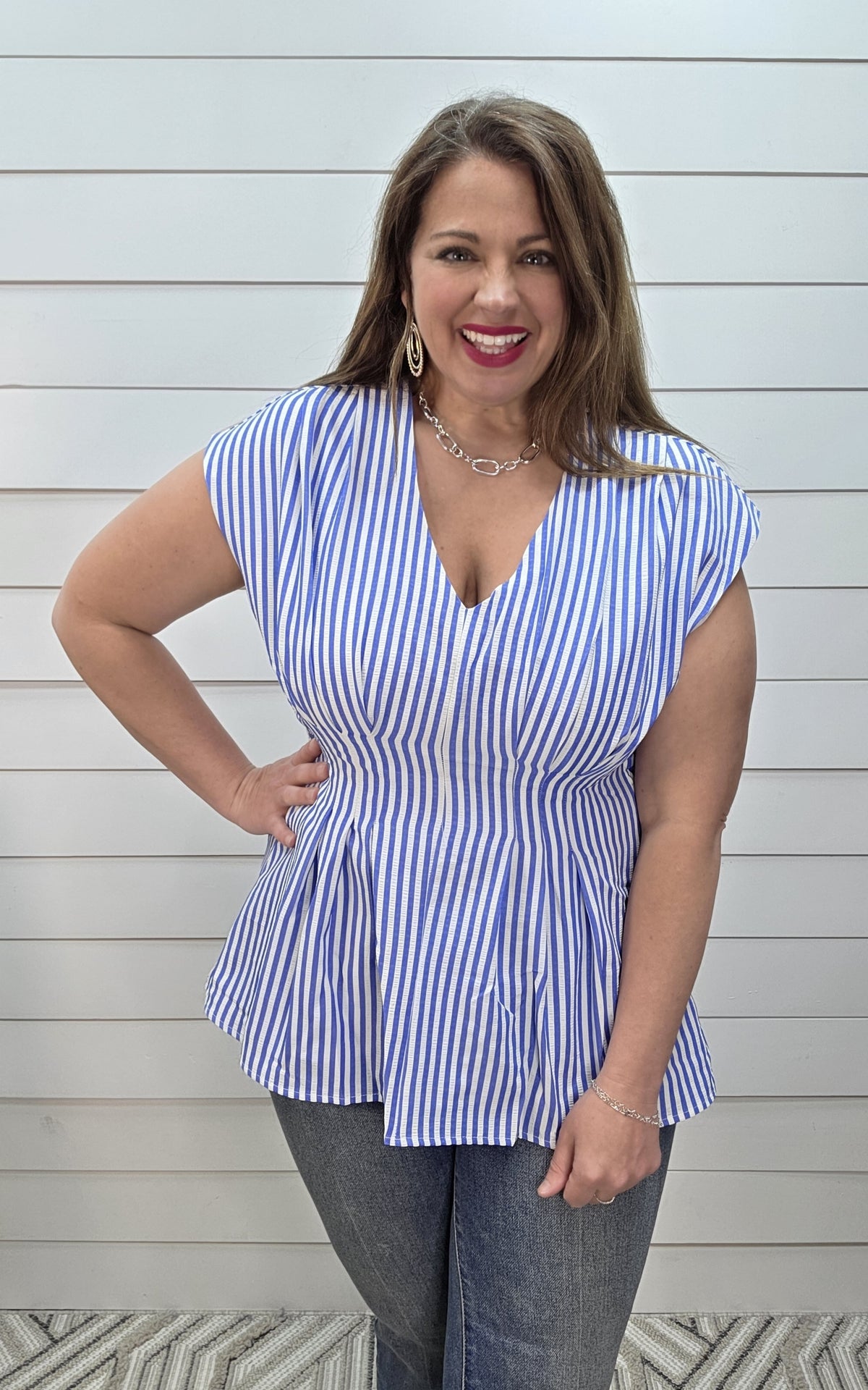 BLUE/WHITE STRIPED V NECK WOVEN TOP W/ ELASTIC WASIT