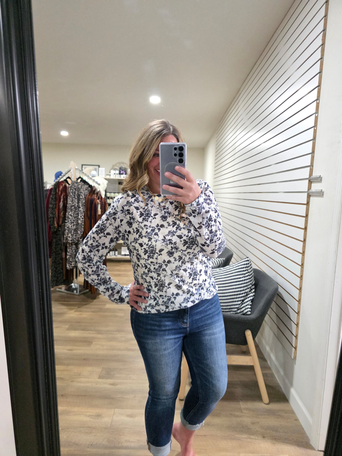 SHIRLEY AND STONE BLACK AND WHITE FLORAL MESH TOP