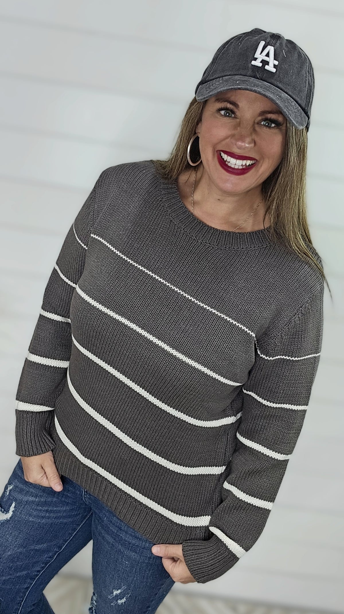 CHARCOAL PINSTRIPE COTTON BLEND SWEATER