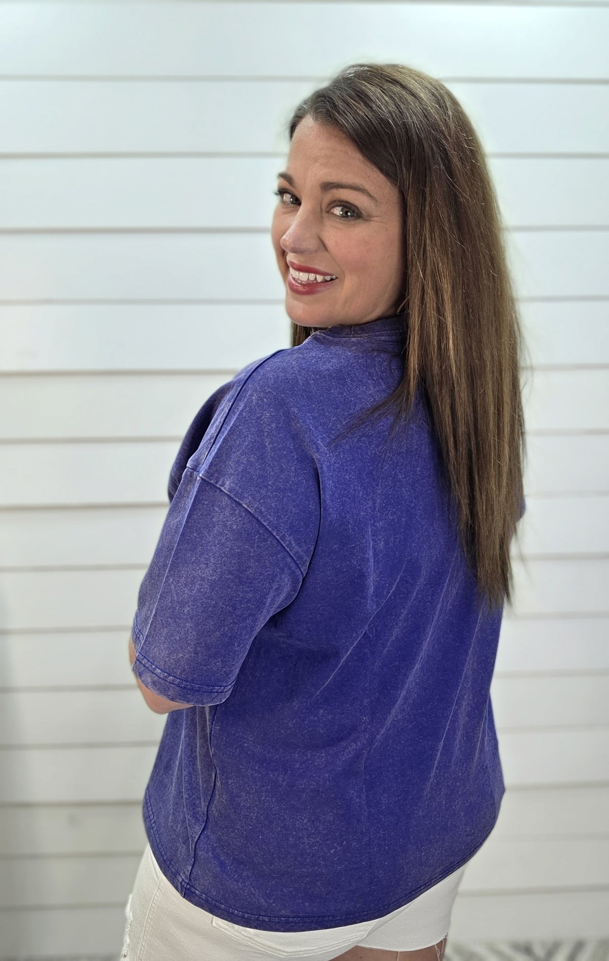 NAVY MINERAL WASH STAR KNIT TOP