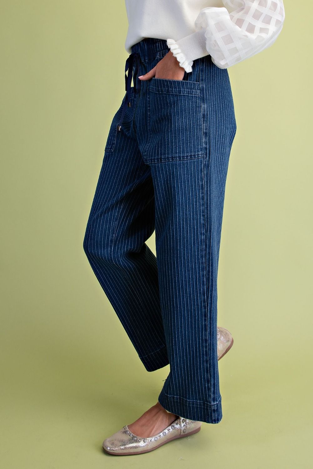 DENIM JOGGER WIDE LEG TEXTURED PIN STRIPED JEANS