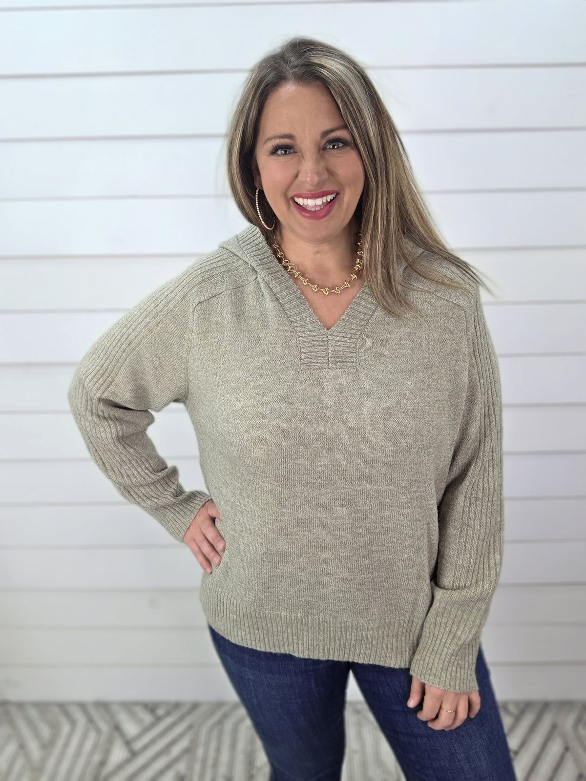 LT OLIVE KNIT RIBBED ACCENT HOODED SWEATER PULLOVER