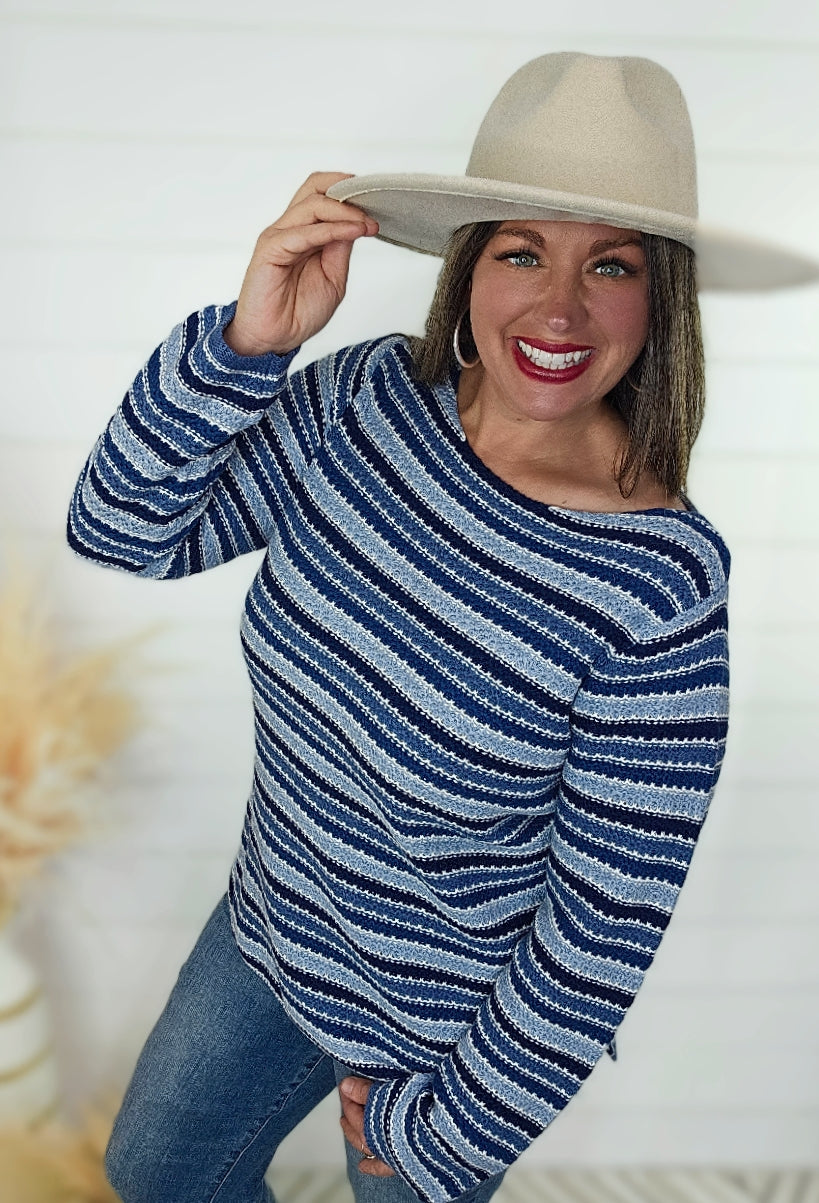 BLUE/NAVY STRIPED COTTON SWEATER