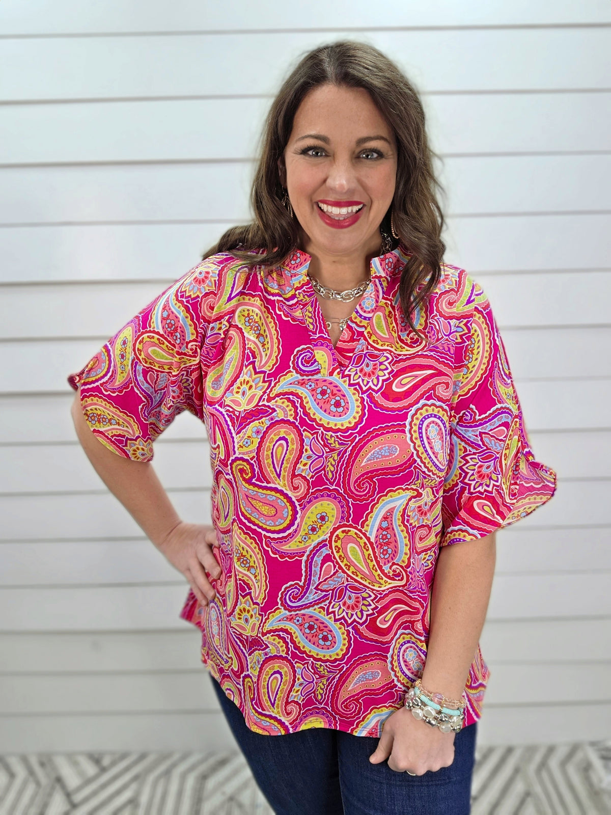 DEAR SCARLETT BREEZE SPLIT SLEEVE TOP - HOT PINK PRINTED