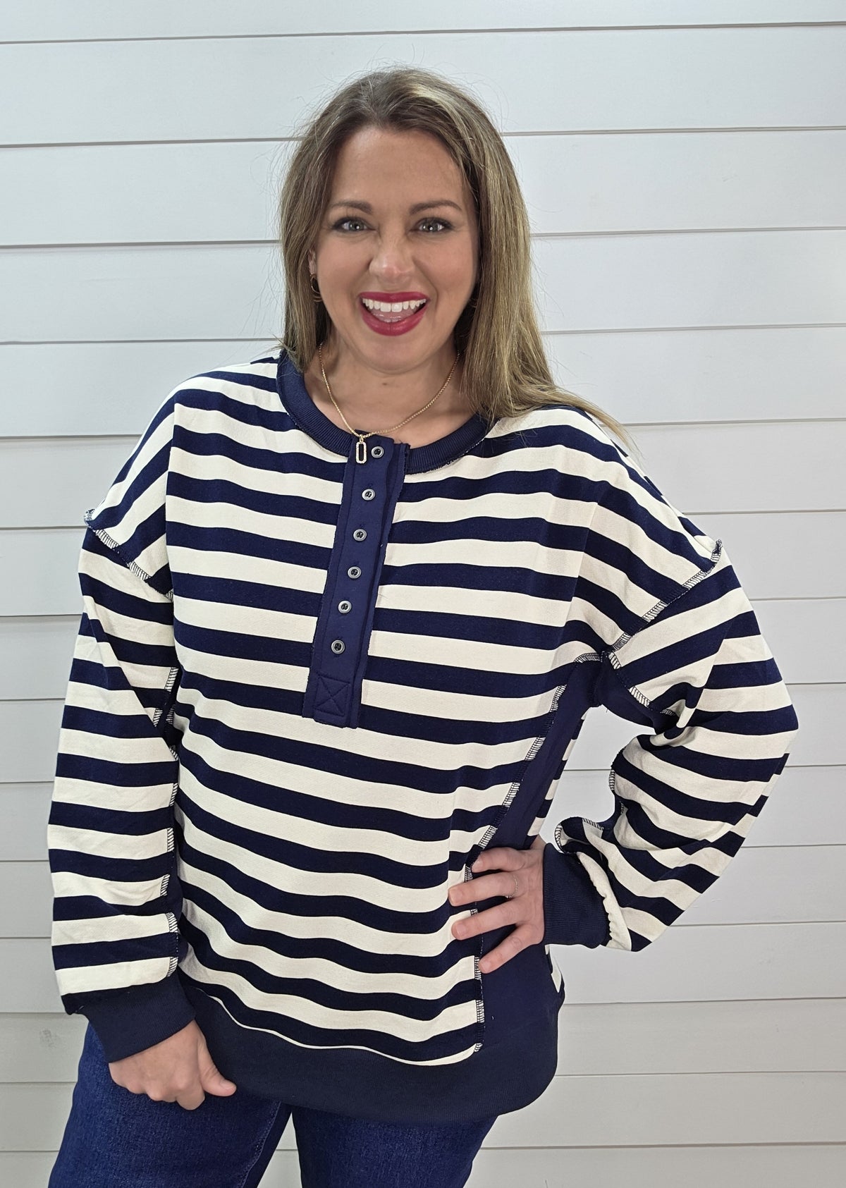 NAVY/CREAM STRIPED CONTRAST FRENCH TERRY PULLOVER