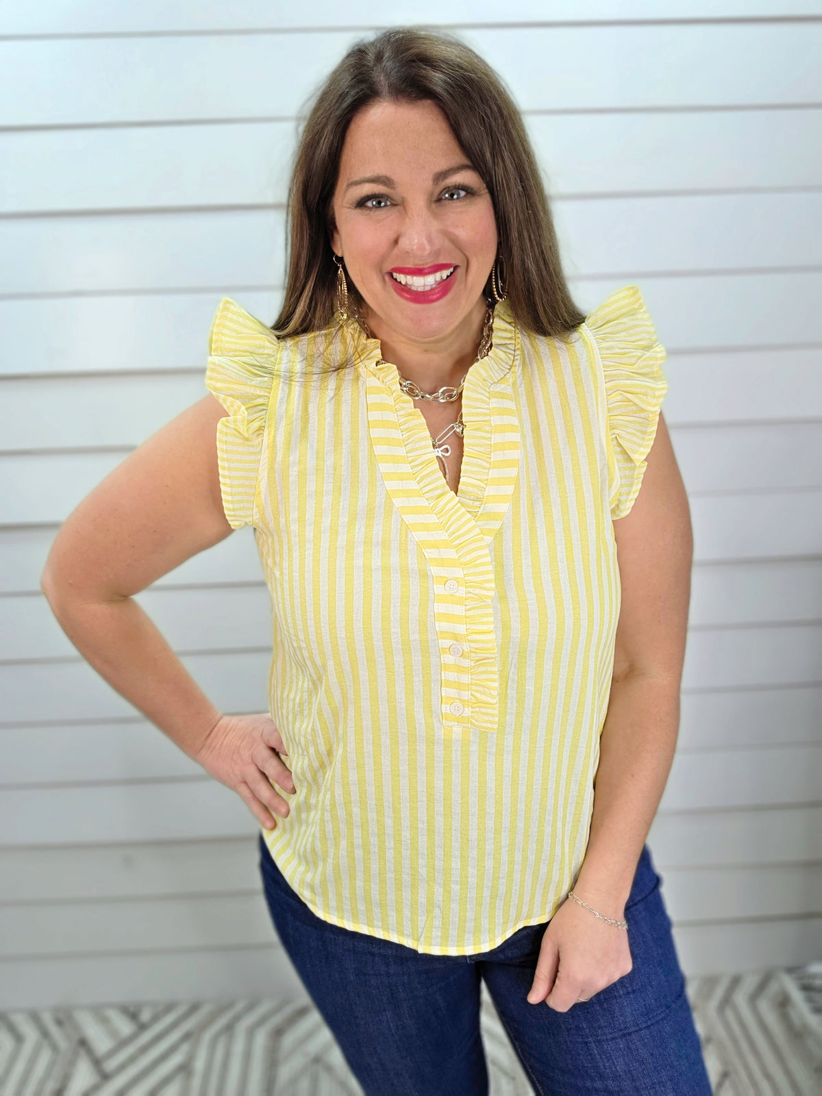 YELLOW VERTICAL STRIPED V NECK HENLEY RUFFLE TRIM TOP