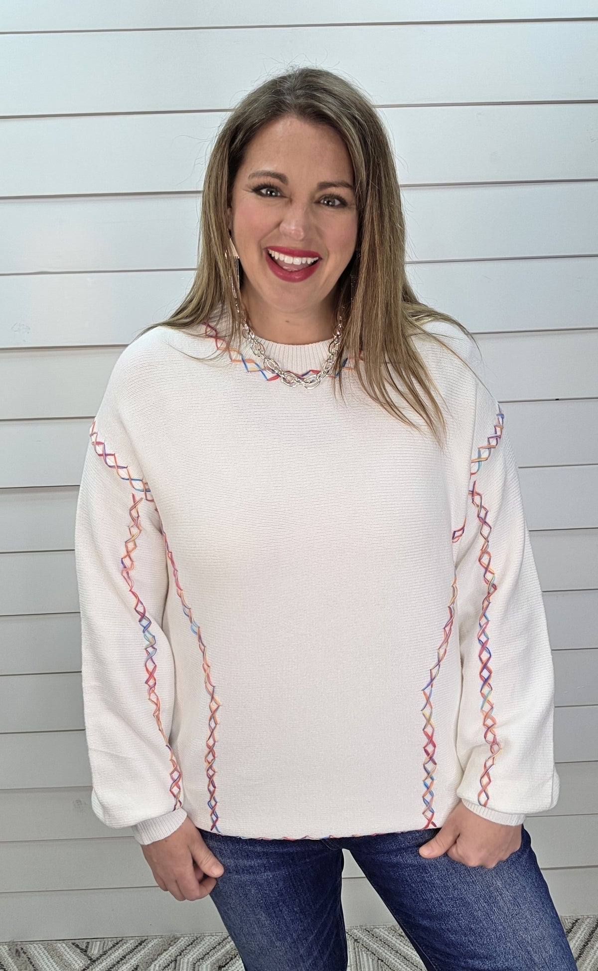 WHITE RAINBOW STITCH ULTRA SOFT SWEATER