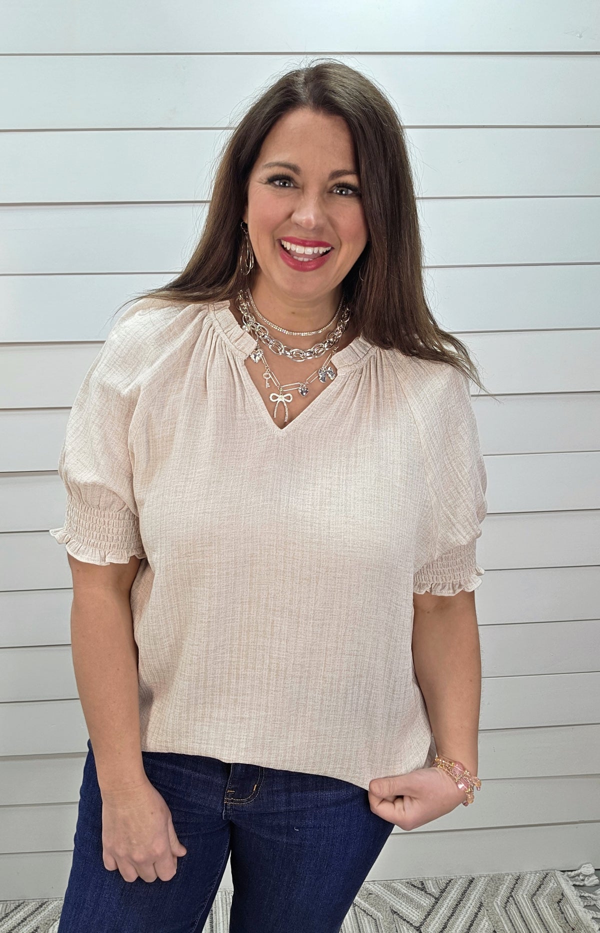 OATMEAL V NECK TOP W/RUFFLE COLLAR & SMOCKED SLEEVES