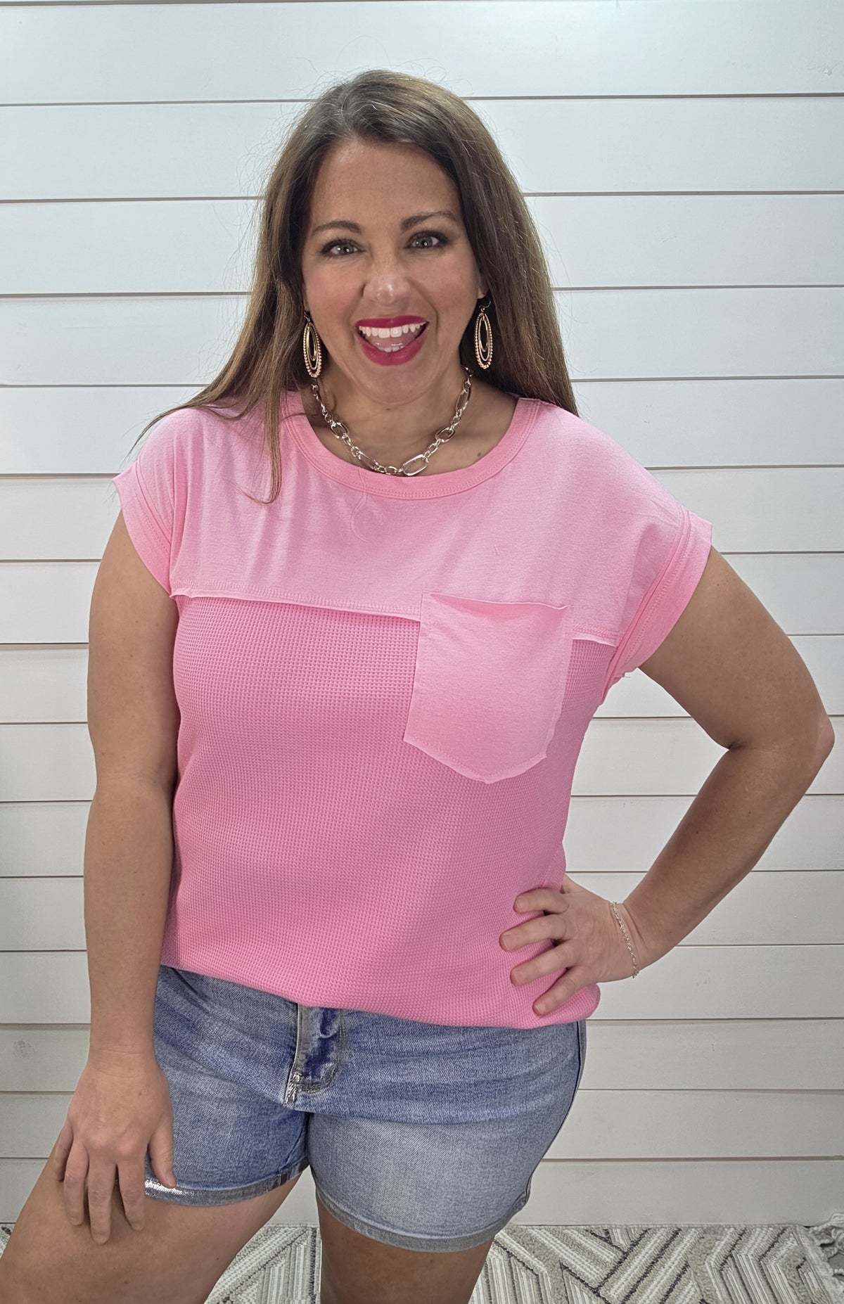 PINK WAFFLE CONTRAST KNIT POCKET TOP