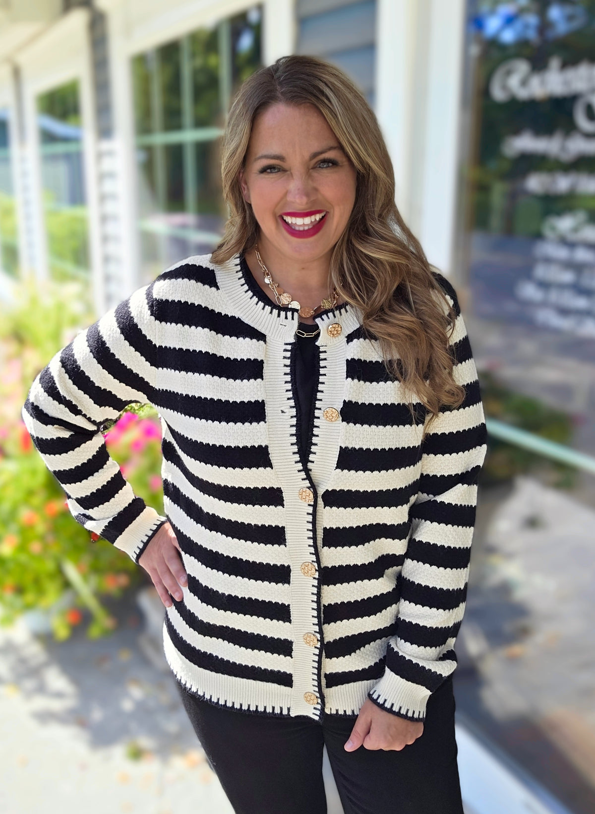 BLACK CHIC STRIPED GOLD BUTTON CARDIGAN