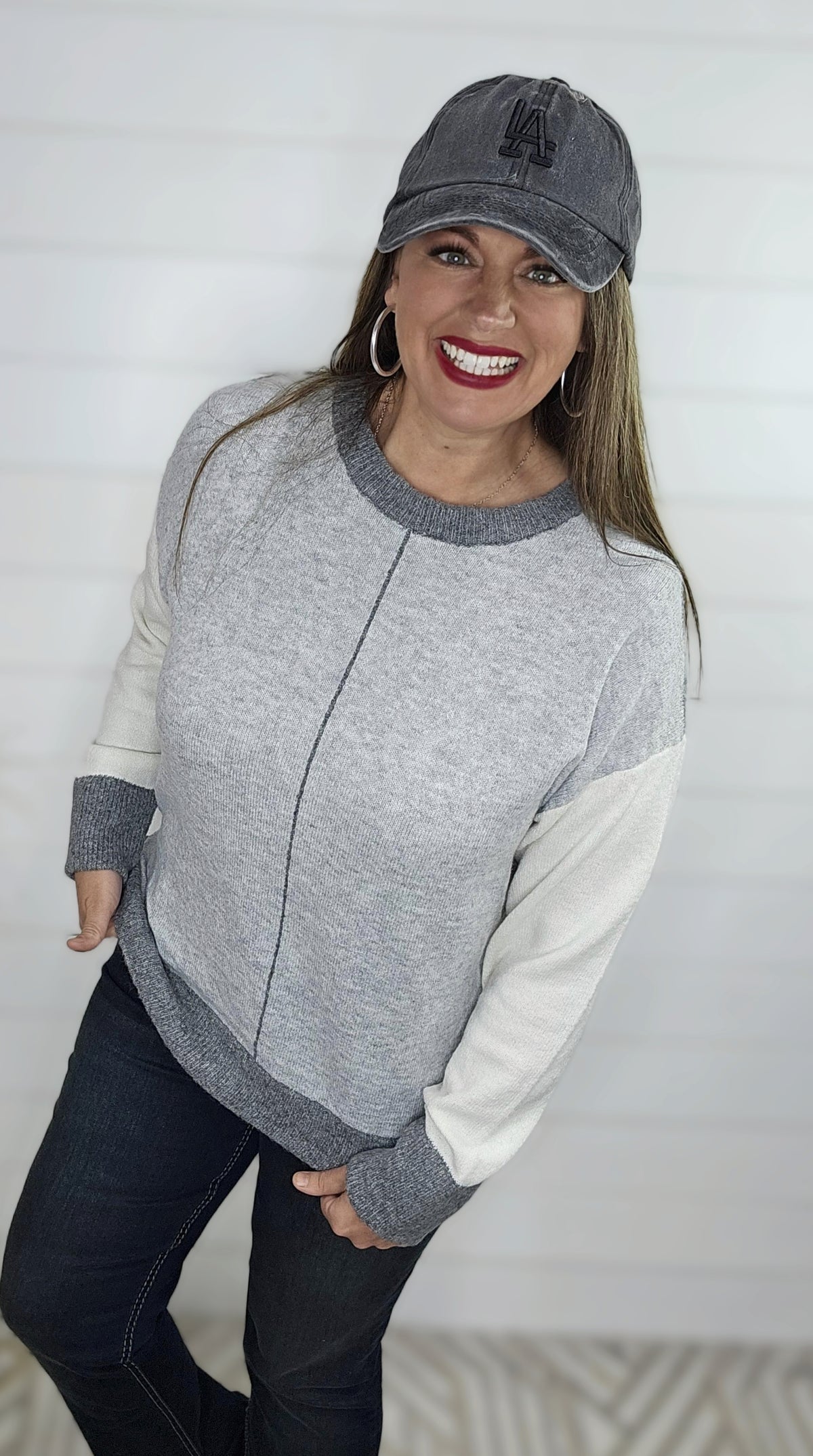 LIGHT GREY COLORBLOCK CONTRAST LINE DETAIL PULLOVER SWEATER