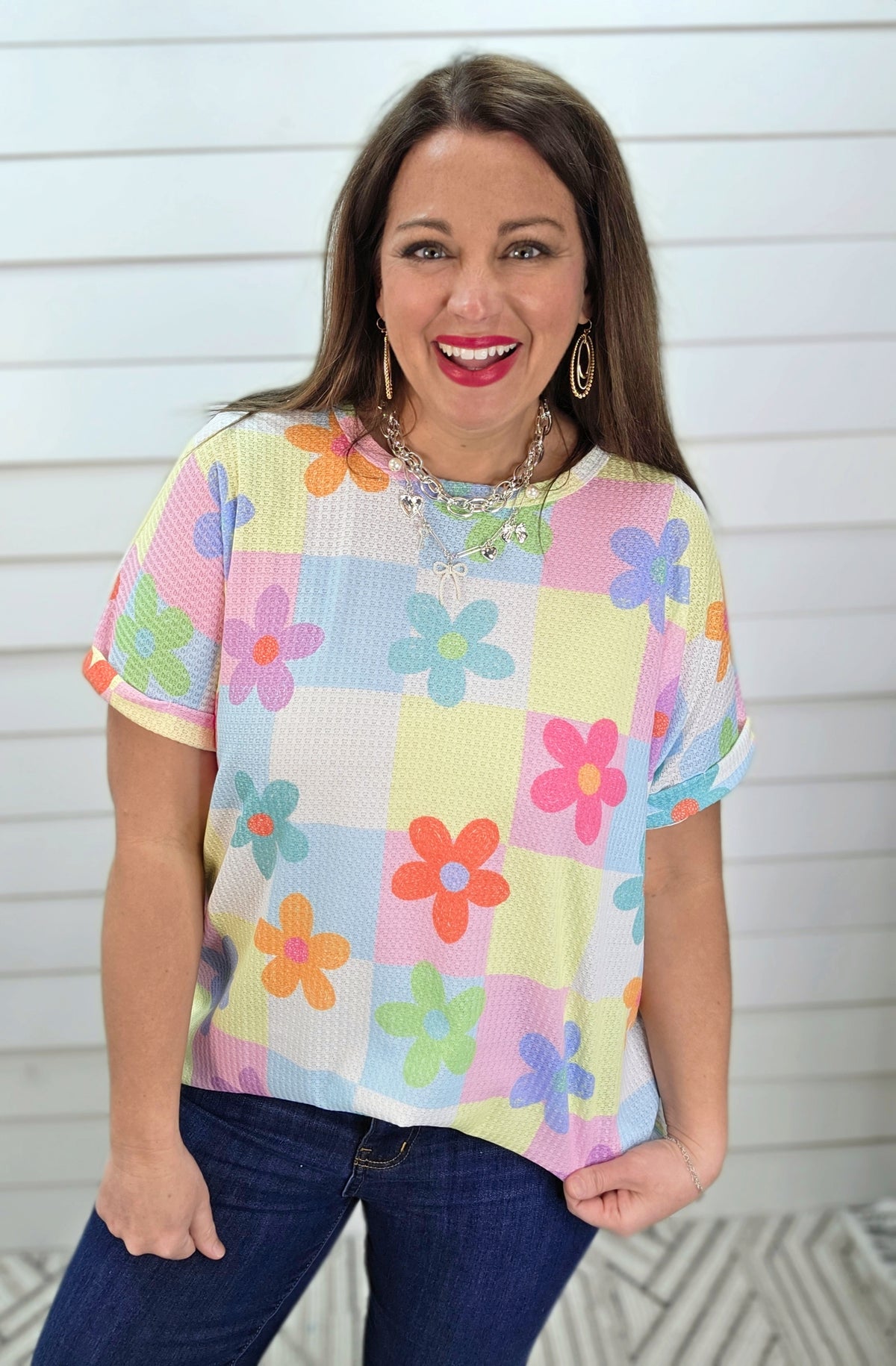 MULTI BRIGHT CHECKERED/FLORAL WAFFLE TEXTURE KNIT TOP