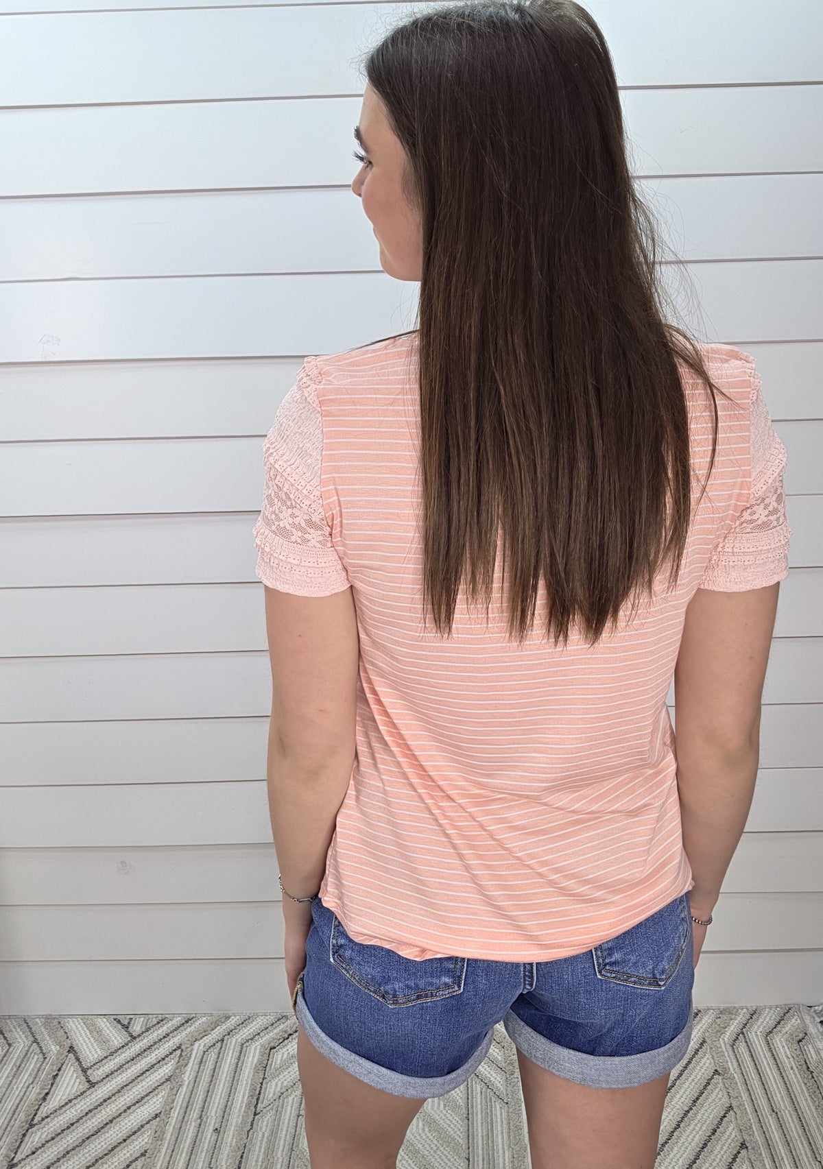 PEACH STRIPED KNIT TOP W/ LACE TRIM
