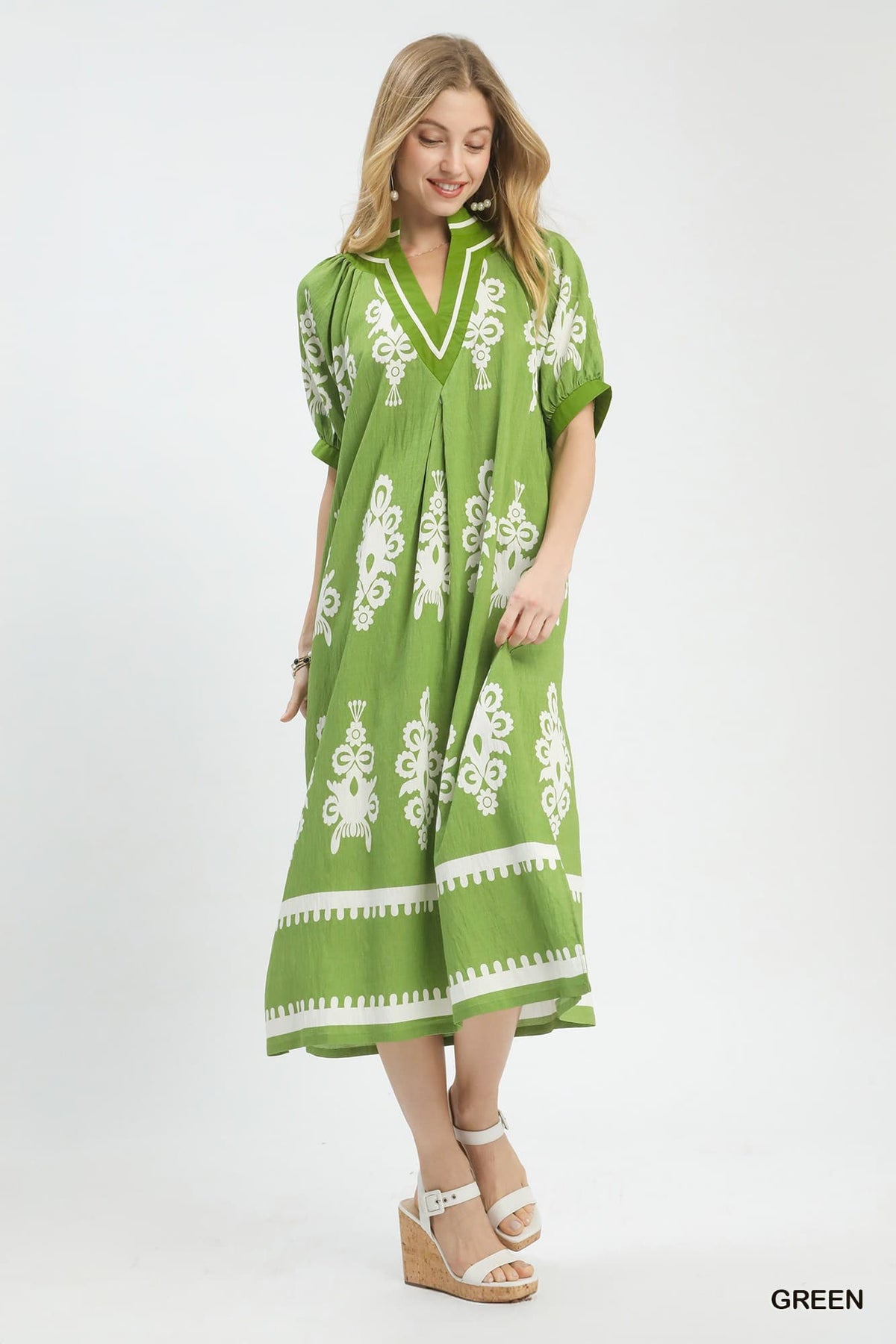 GREEN BORDER PRINT LONG WOVEN DRESS
