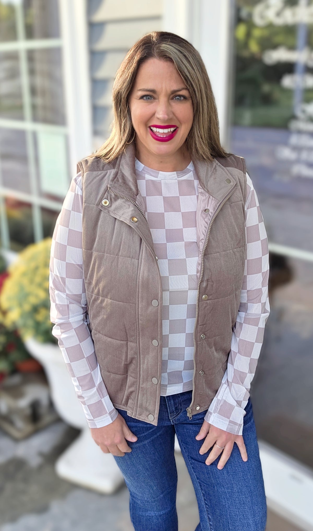 MOCHA MINI CORD PUFFER SNAP BUTTON VEST