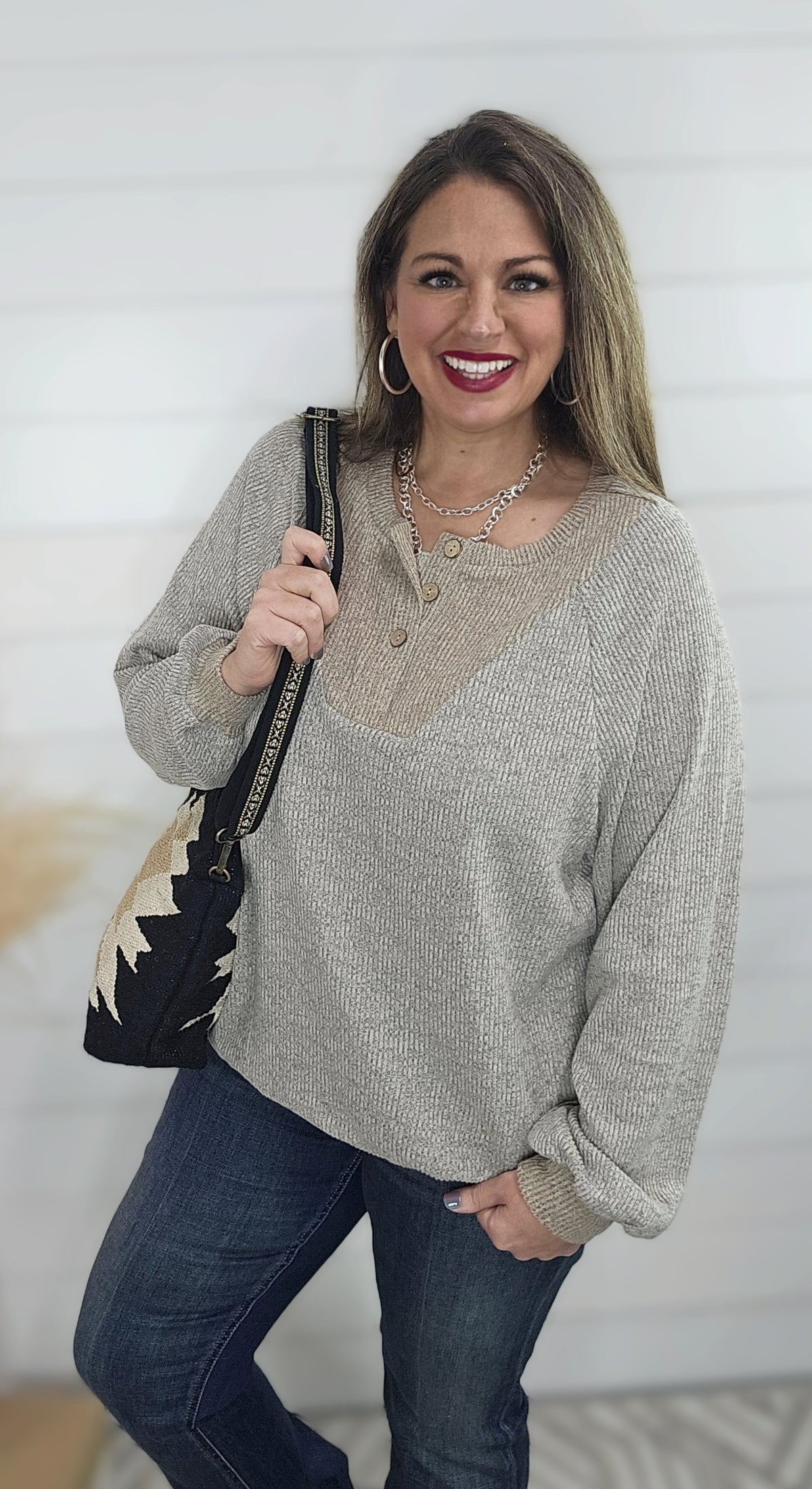 MOCHA CONTRAST RIBBED BUTTON LONG SLEEVE TOP