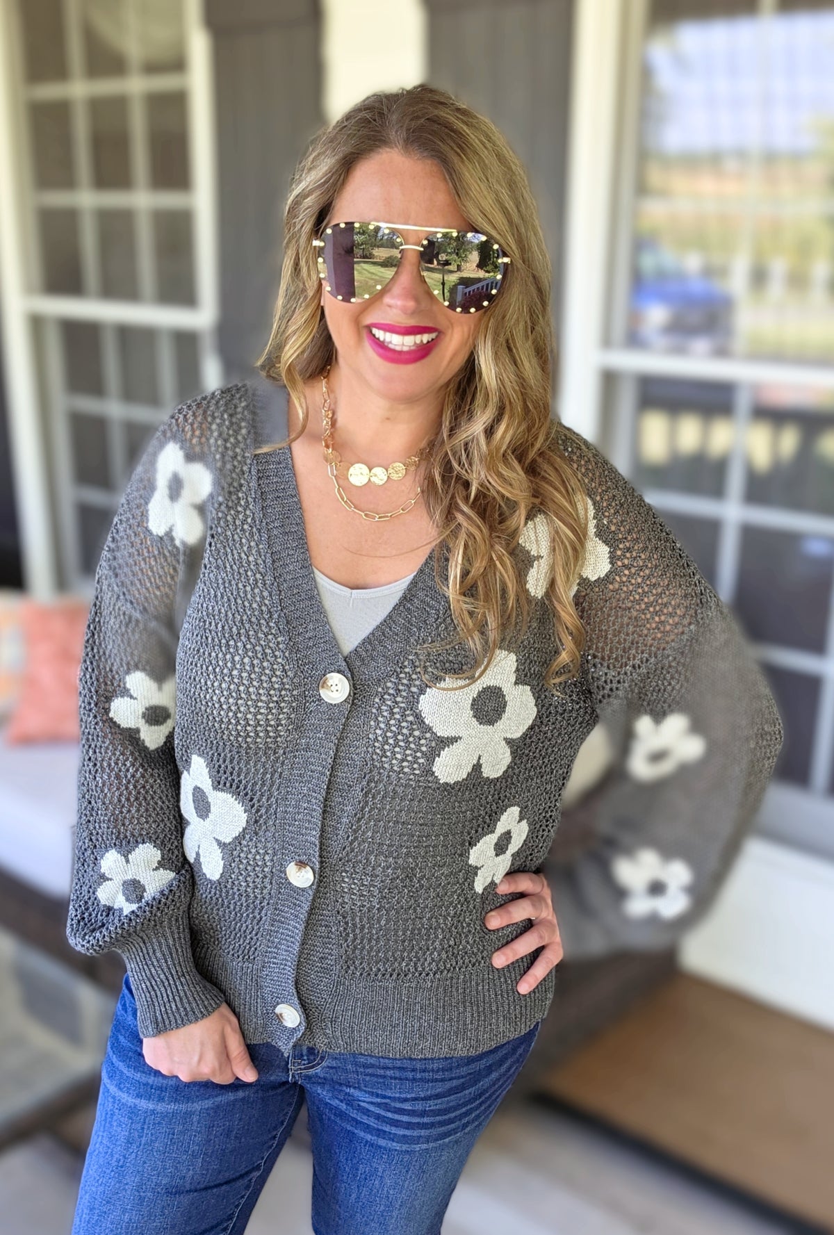 CHARCOAL OPEN KNIT BUTTON CARDIGAN WITH FLORAL DETAIL