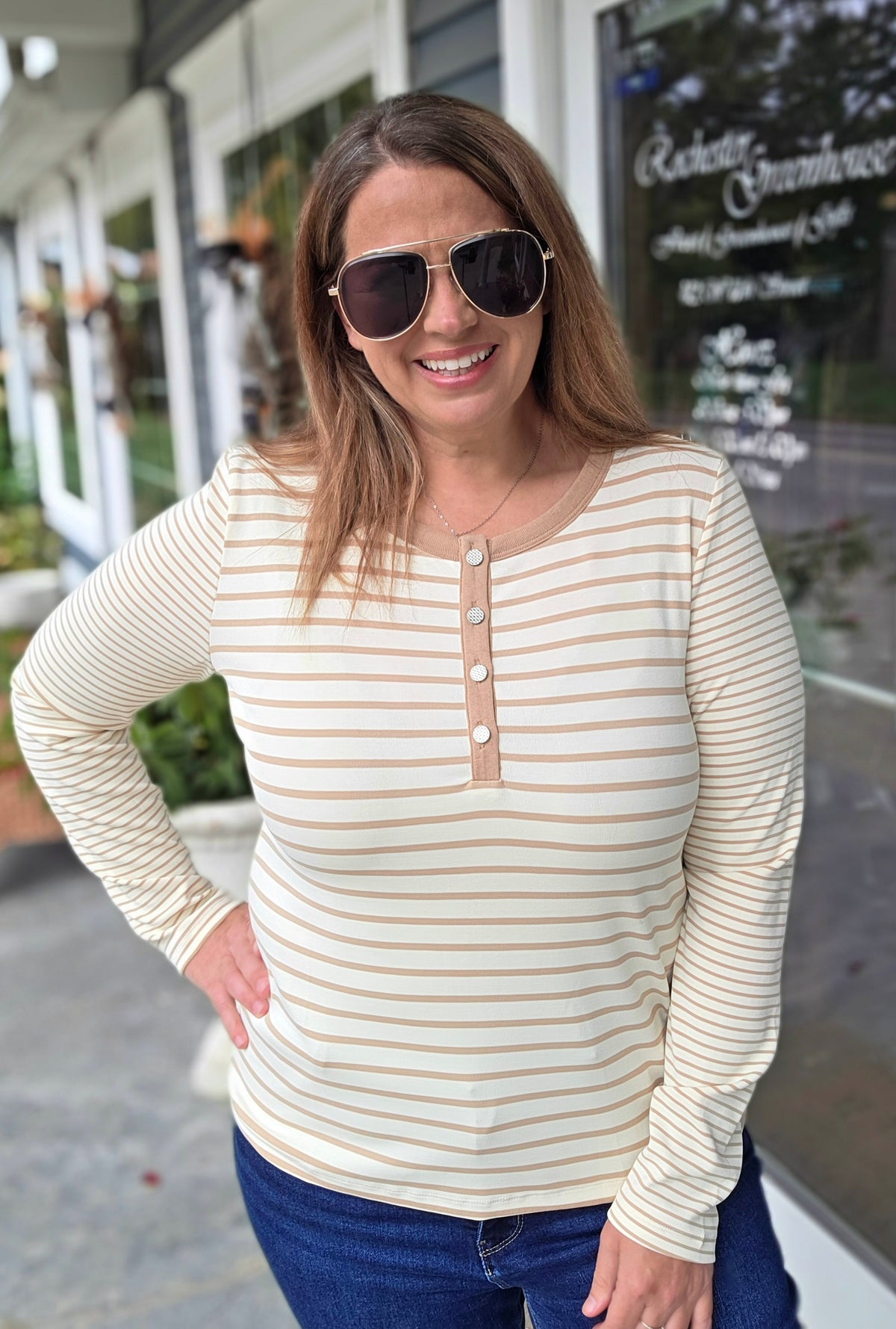 Ivory/Beige Color Contrasted Button Henley, Long Sleeve, Stripe Knit Top