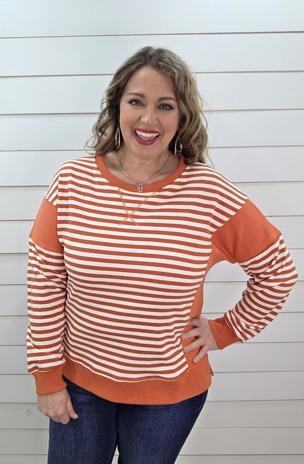 TANGERINE/CREAM STRIPED FRENCH TERRY PULLOVER
