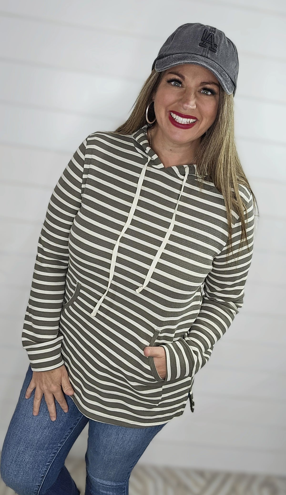 GREY STRIPED KNIT HOODIE W/ KANGAROO POCKET