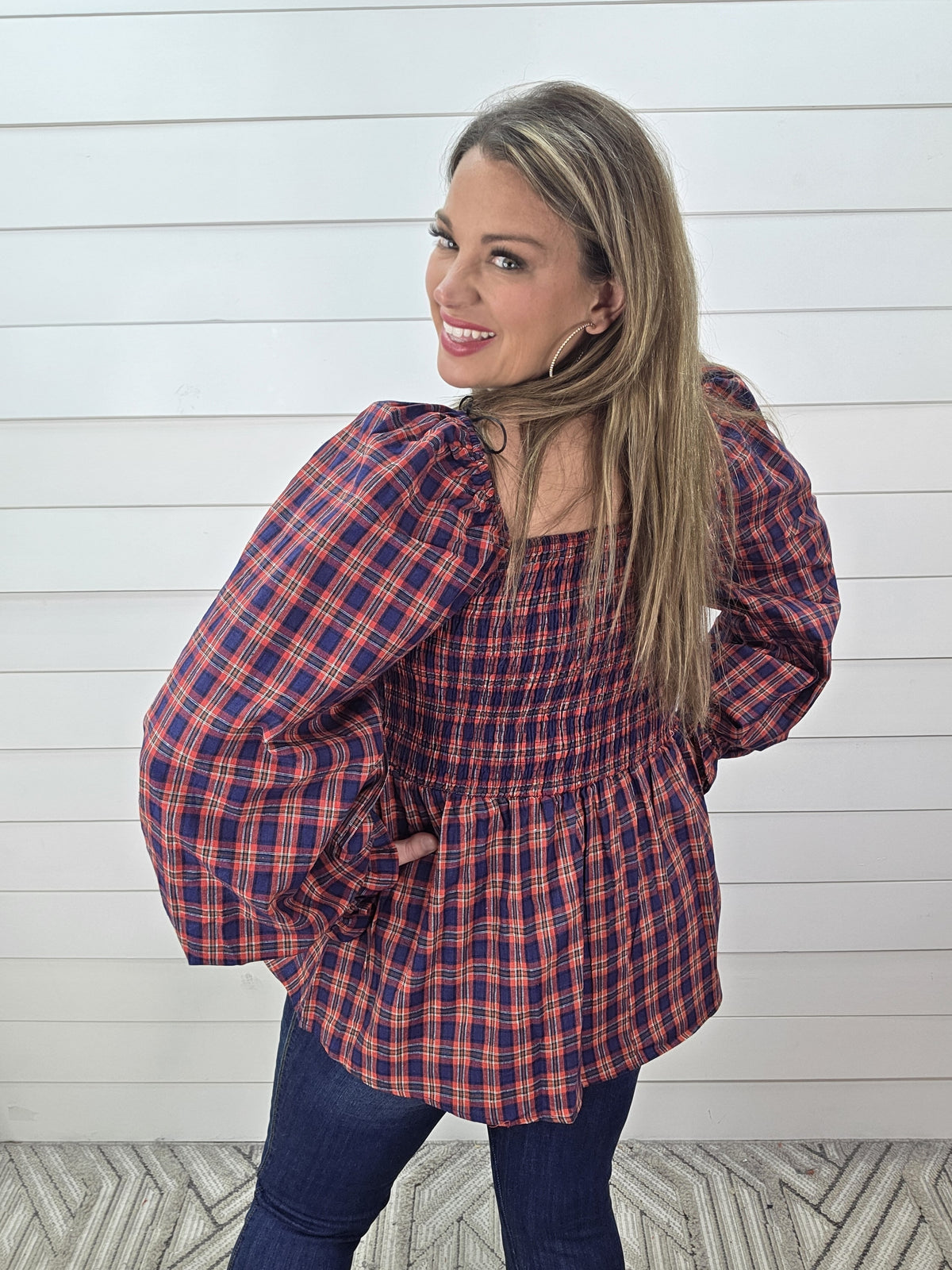 RED/BLUE PLAID SMOCKED TOP PEPLUM TOP