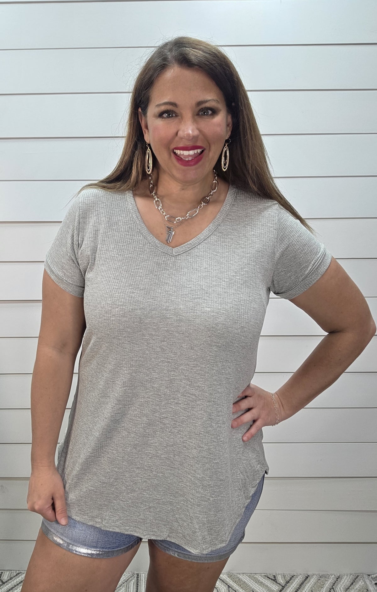 GREY RIBBED V NECK KNIT TOP