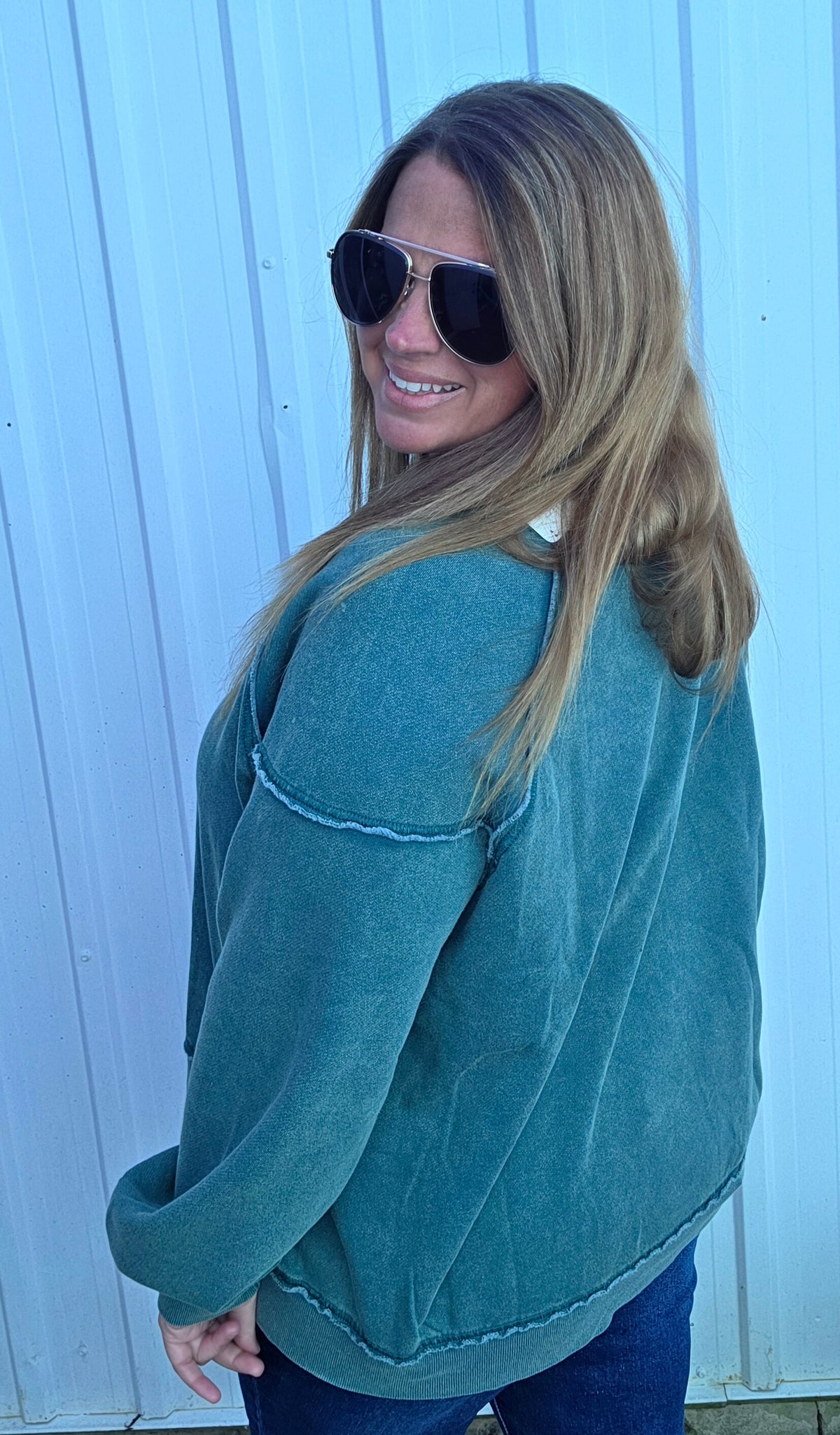 Green Mineral Wash Soft Fleeve Lined Oversized Pullover